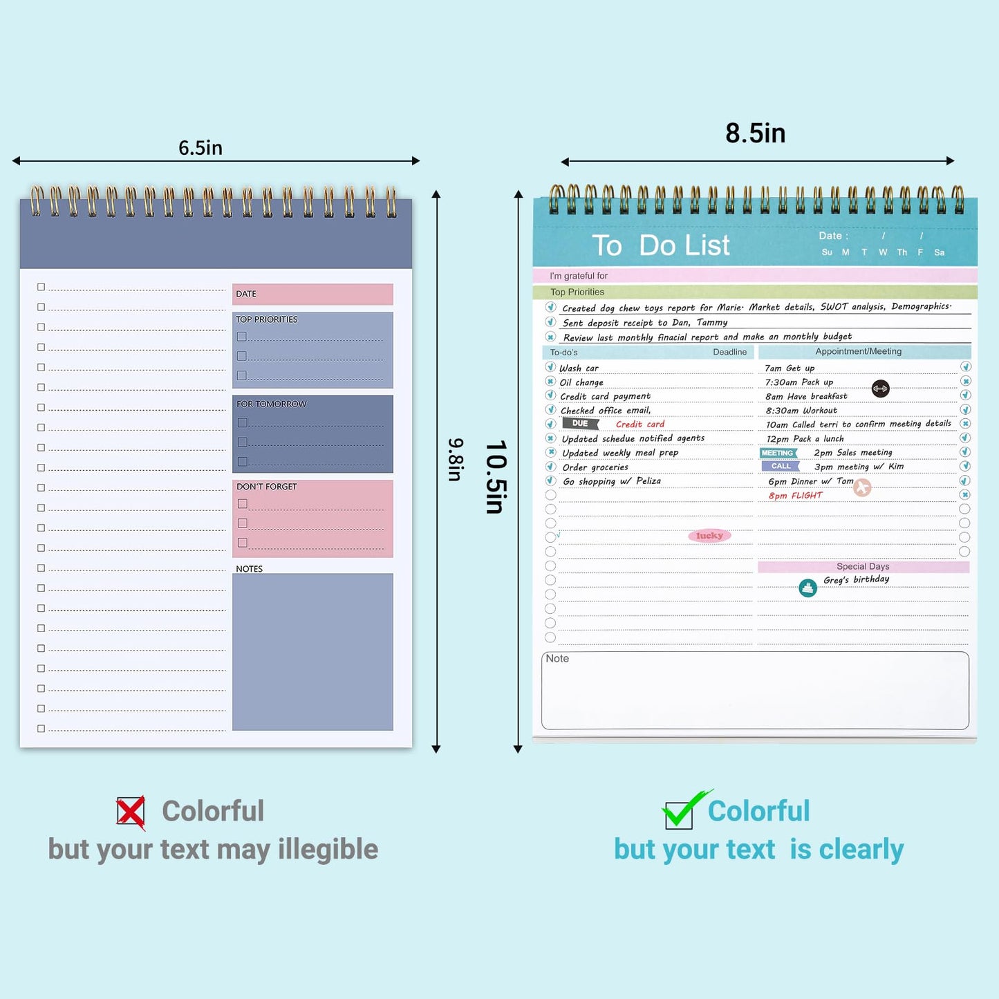To Do List Notepad, Spiral Bound Undated Daily Planner, 52 Sheets 8.5" X 10.5" Tear Off Task Planning Pad with Checklist, For Work Office Home (Pack of 2)