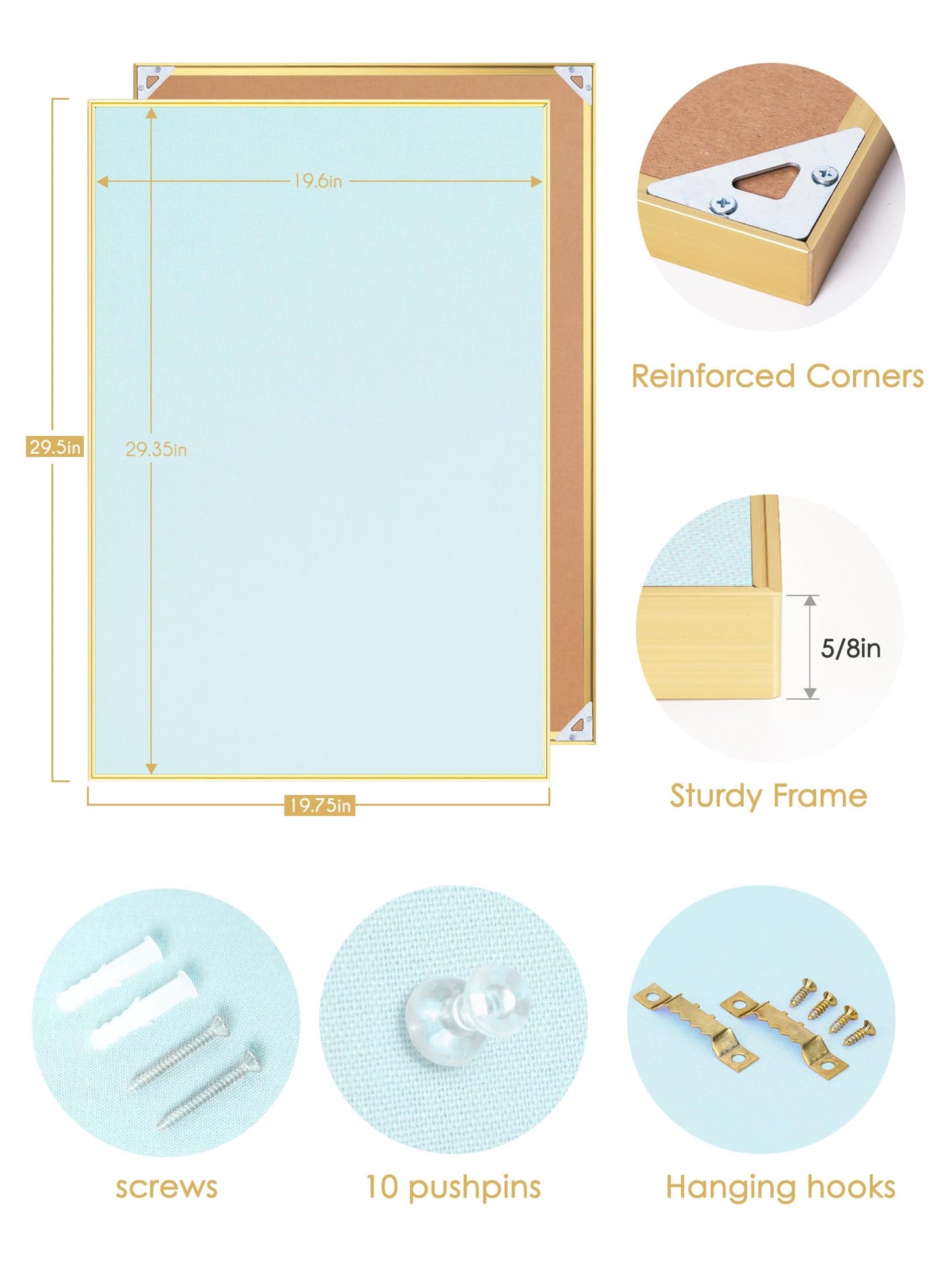 Lightomorrow Bulletin Board 30 x 20 inches, Light Blue Pin Board, Golden Aluminum Framed Fabric Cork Board with 10 Push Pins