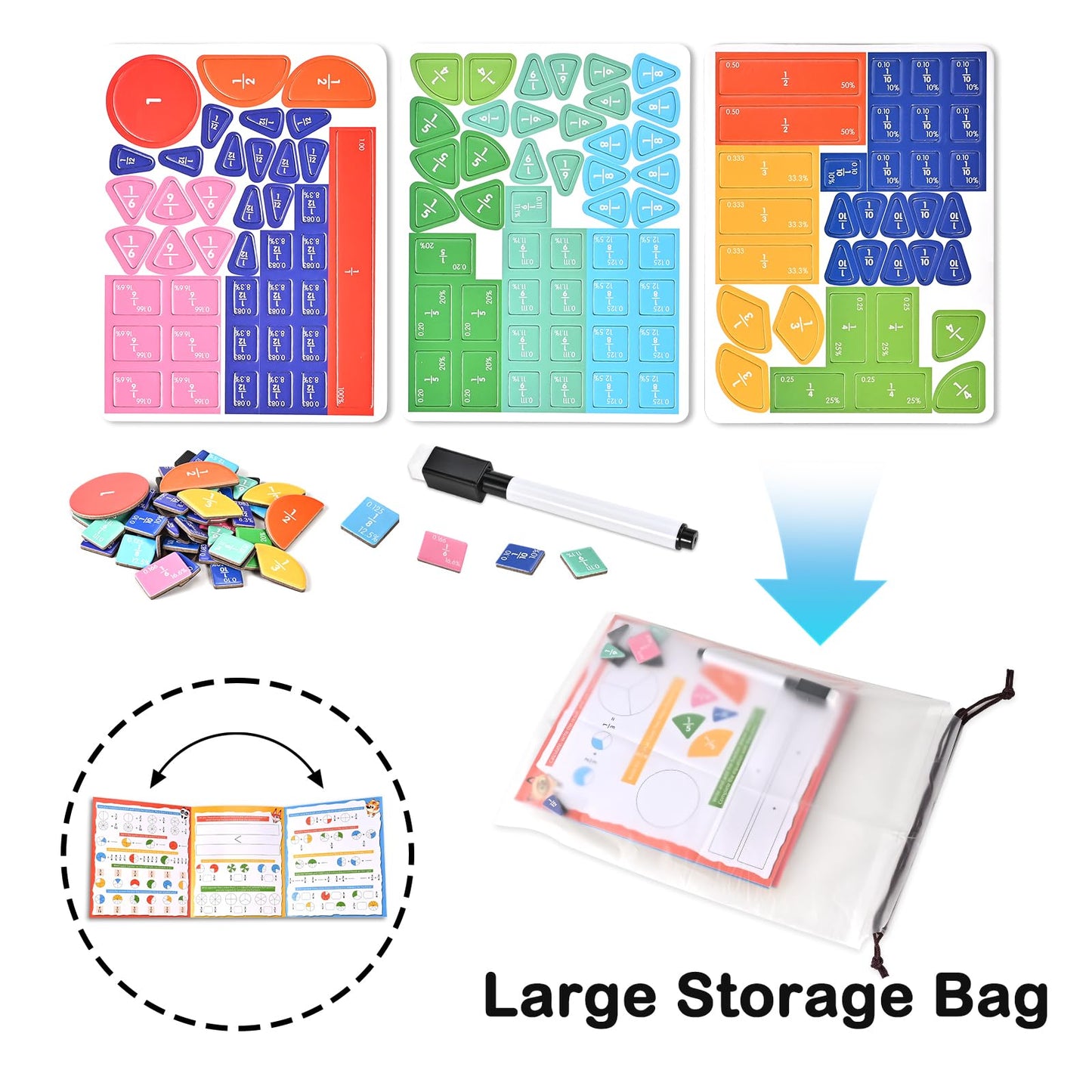 Magnetic Fraction Demonstration Book with Magnetic Fraction Tiles & Circles, Hands-On Fraction Manipulatives for Kids, Visual Math Learning Set for Classroom, Homeschool & Early Math Practice