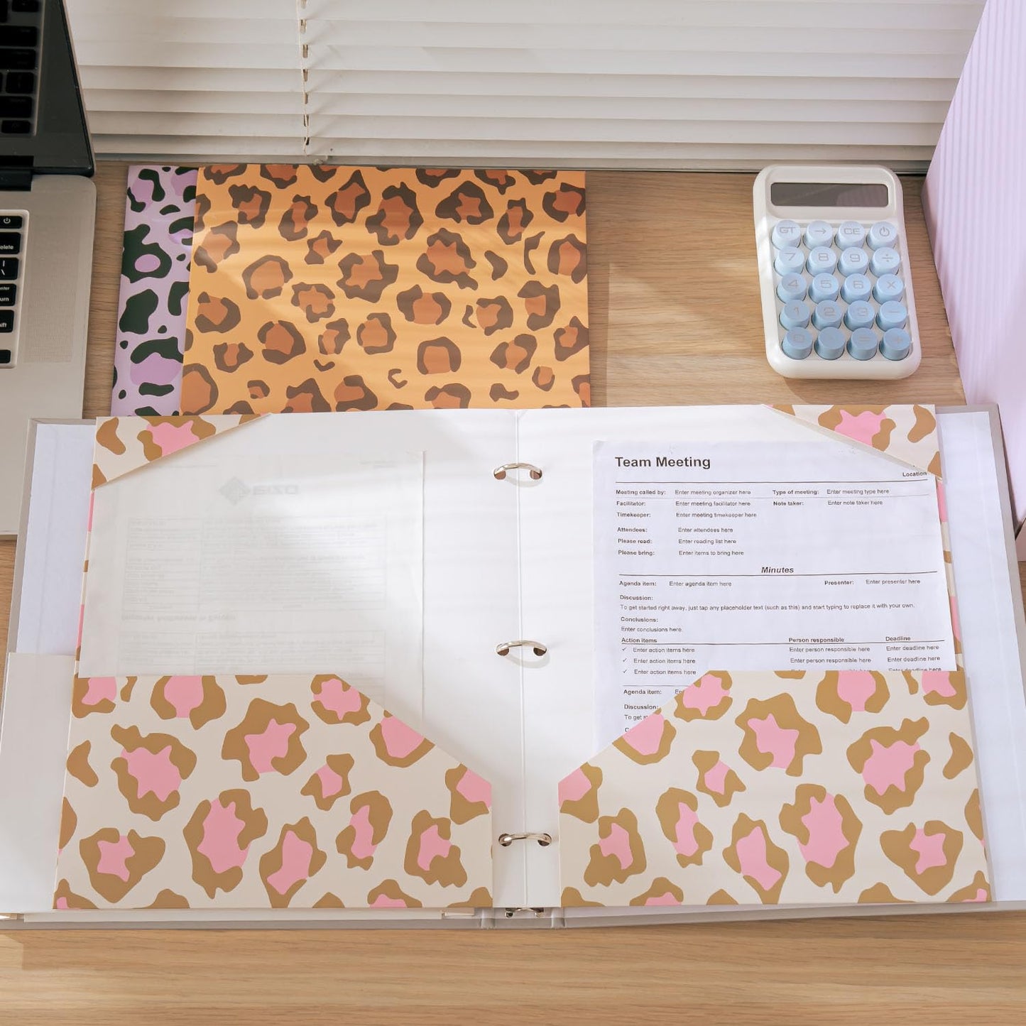 Beramon 6 Pack 2 Pocket Folders, Letter Size 3-Hole Punched Folders for 3 Ring Binders, Cute Cheetah Print School & Office File Folders