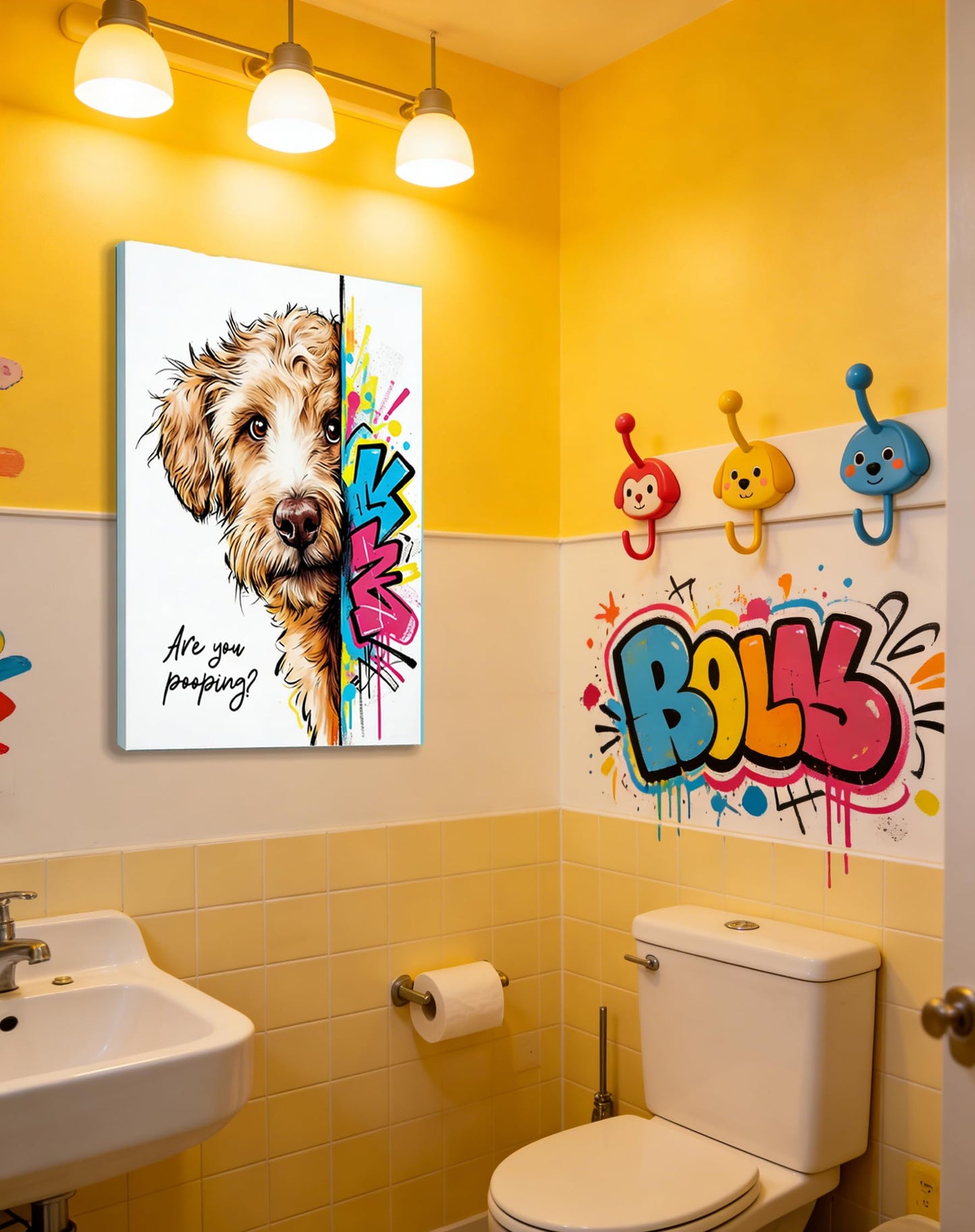 16x24“ Funny Goldendoodle Dog Bathroom Wall Art Painting, "Are You Pooping?" Graffiti Pet Canvas Print, Humorous Restroom Poster Decor for Washroom Bathroom Toilet, Modern Pop Art Dog Lover Gift (Framed)