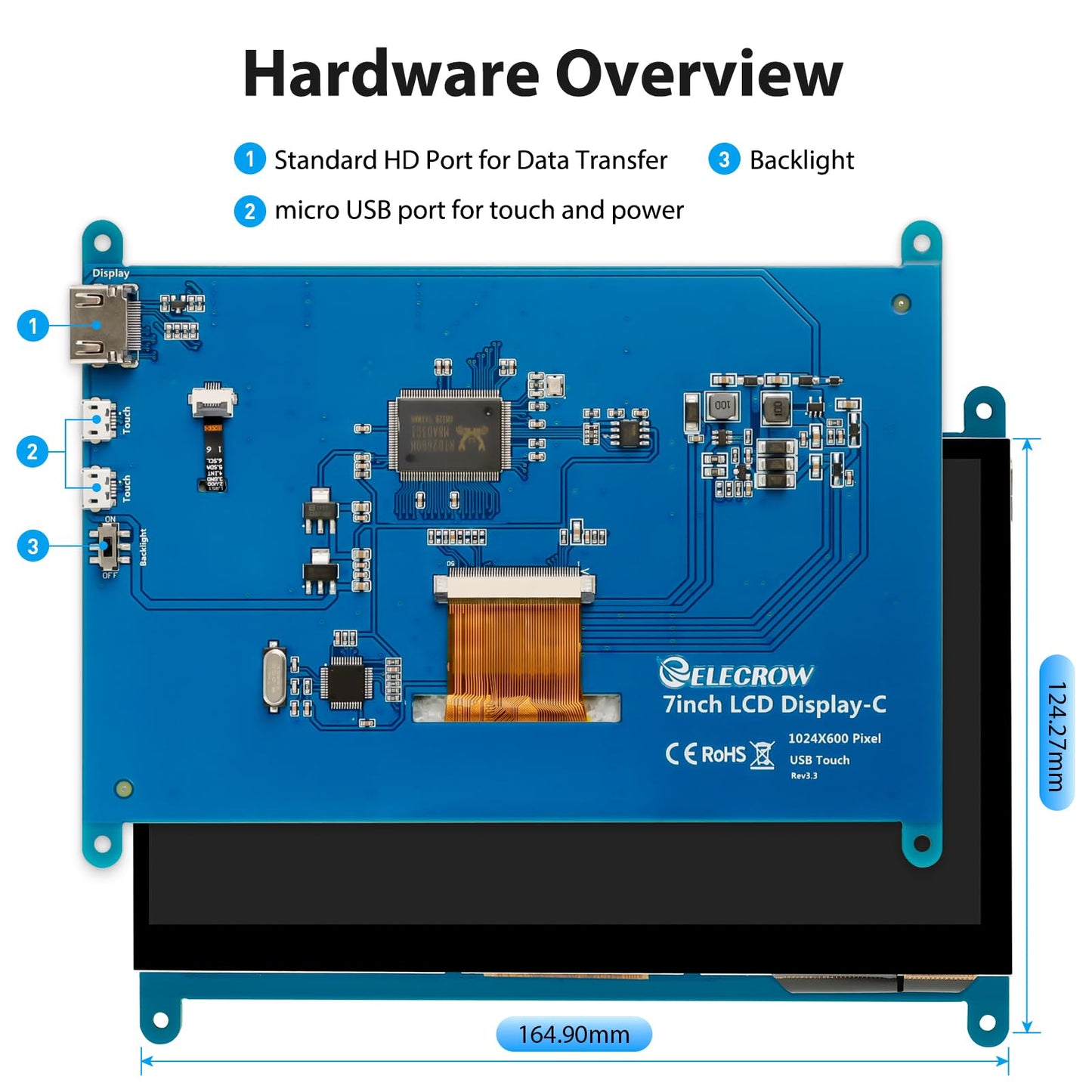 ELECROW 7 Inch 1024×600 Touchscreen for Raspberry Pi: IPS Capacitive Touch Screen LCD Display, Mini Portable Monitor Compatible with Raspberry Pi 5/4/3 BB Black Banana Pi Windows 11/10/8/7 Driver Free