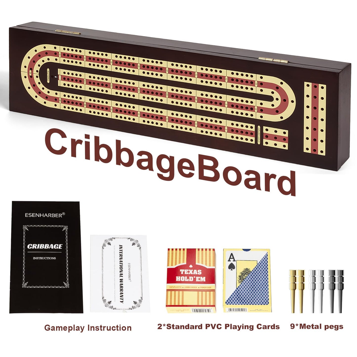 ESENHARBER Cribbage Board Game Set, Premium Wooden Board with Magnetic Lock and Metal Pegs, 2 Playing Cards, and Large Storage - Travel-Friendly Continuous 3 Track Board