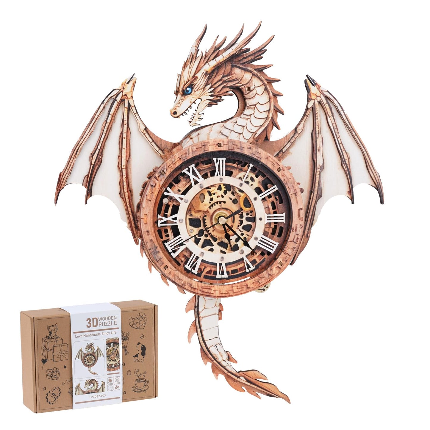 Rnfinewow 3D Puzzles for Adults, 3D Puzzle Dragon Clock Kit (with Pendulum), Wooden Puzzles for Adults Home Wall Decor Dragon Clock Christmas Day Puzzle Gifts for Men Women