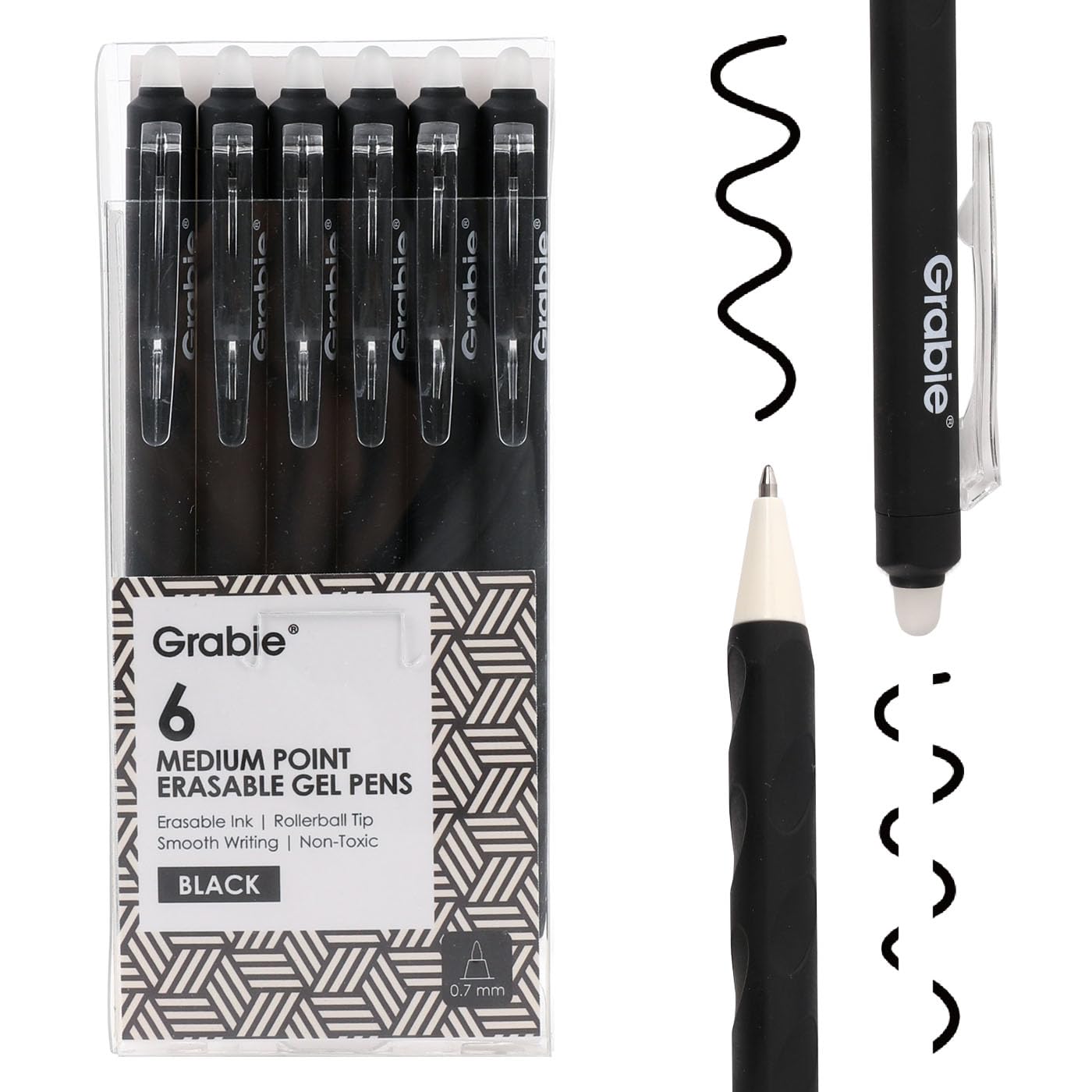 Grabie Erasable Gel Pens, Medium Point 0.7 mm Erasable Pens, Make Mistakes Disappear for Drawing Writing Planner, Pack of 6, Black