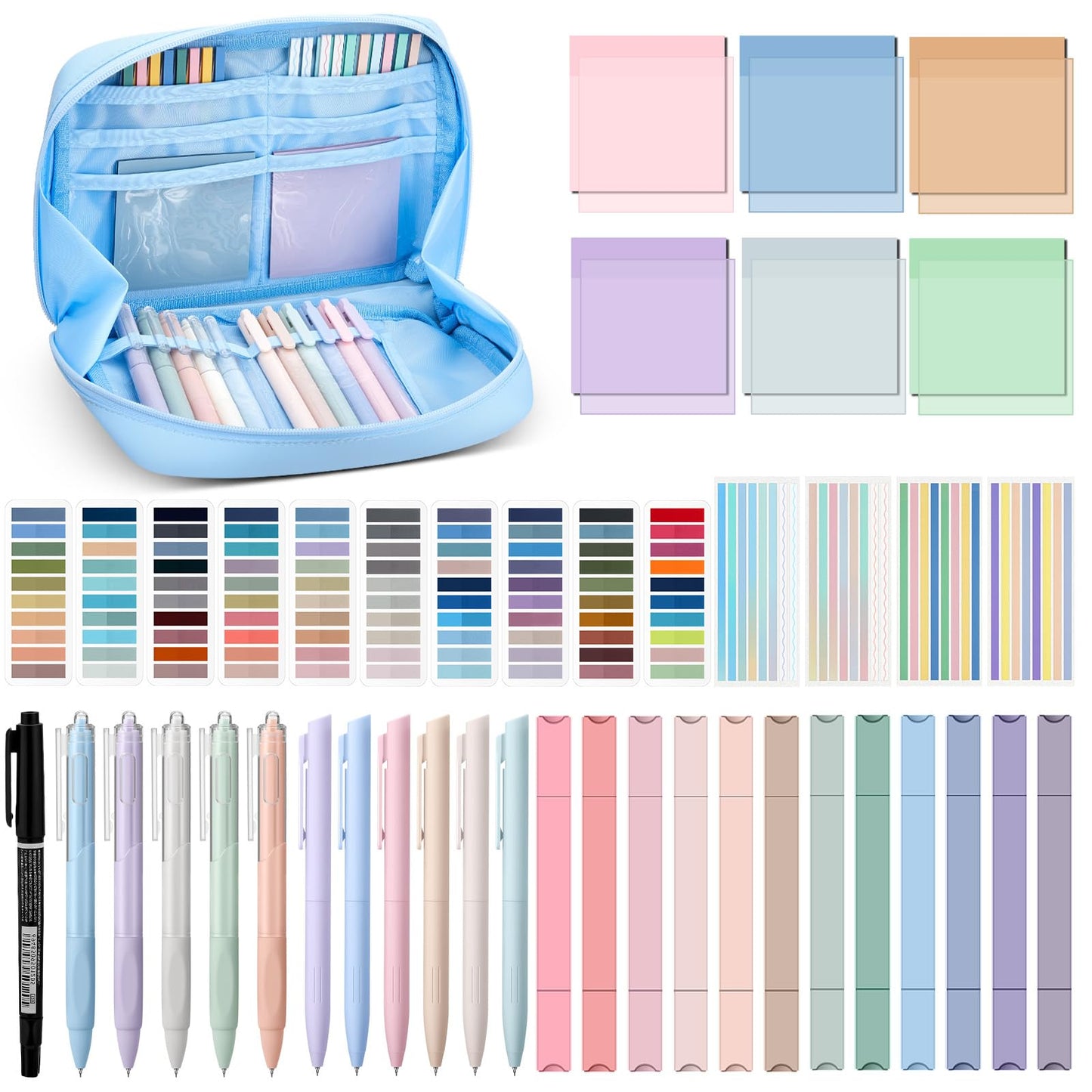 Trandraft 135 Pcs Book Annotation Kit with Pencil Case, 12 Pastel Highlighters, 11 Gel Pens, Fine Marker, 300 Transparent Sticky Notes, 2640 Index Tabs, Bible Study Supplies Kit(Kawaii,Blue)