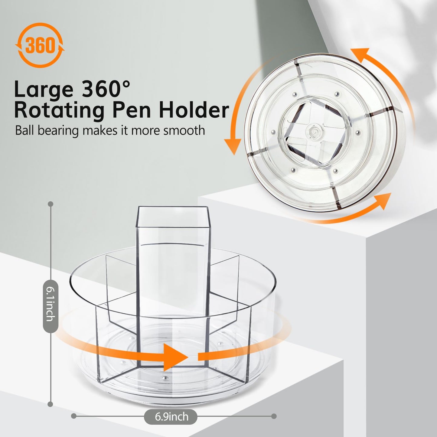 Hiborateed Rotating Pencil Holder for Desk, 5 Slots 360-Degree Spinning Acrylic Pen Holder for Desk, Marker Holder Caddy Art Supply Organizer Pen Organizer for Office Home School