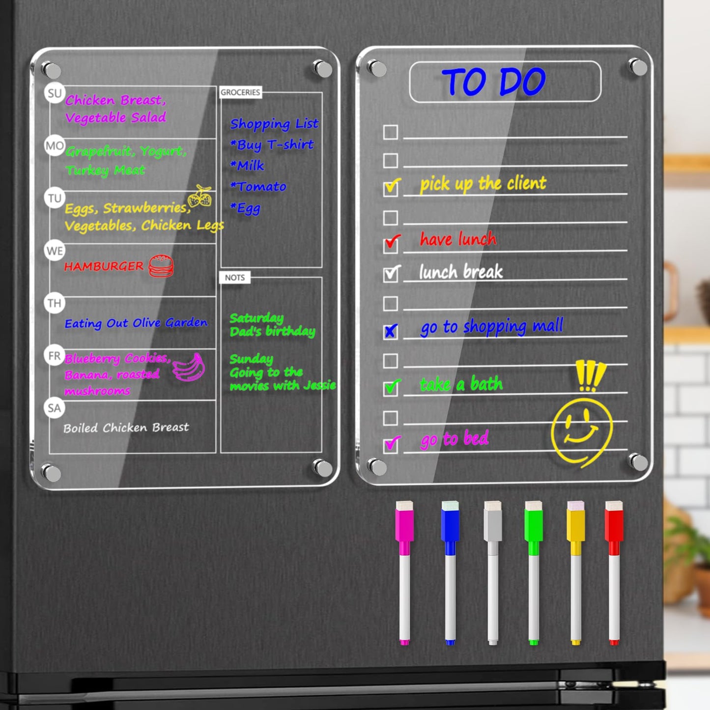 Magnetic Acrylic Weekly Planner and to Do List Set for Fridge – 8"×12" Clear Dry Erase Boards with 6 Markers, Reusable Fridge Whiteboard for Meal Planning, Chores, Office & Family Tasks