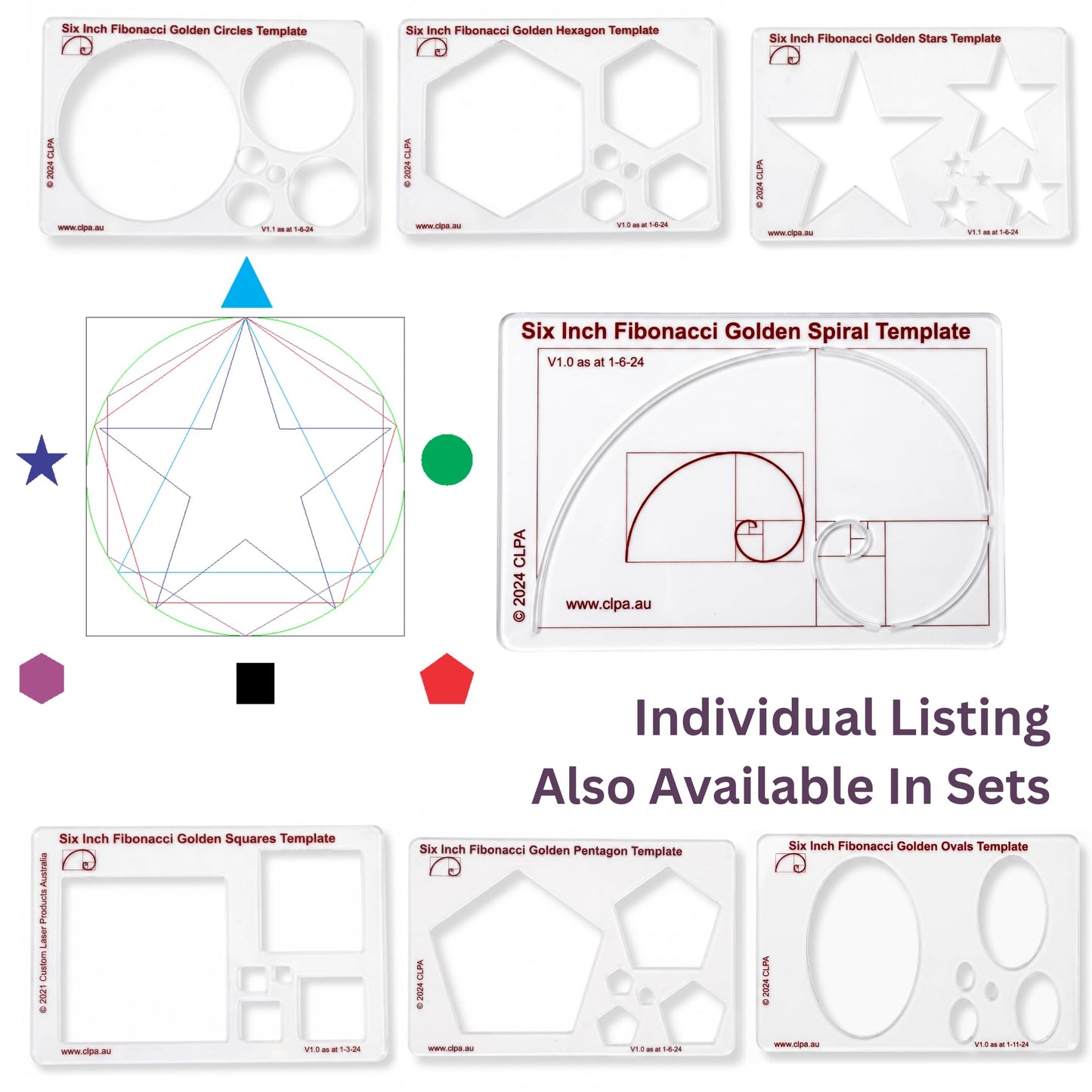 6" Fibonacci Spiral Stencil Template — Golden Ratio Tool for Drawing — Fibonacci Template — Geometric Stencil for Art, Drafting and Quilting — Clear PETG — Made in Australia