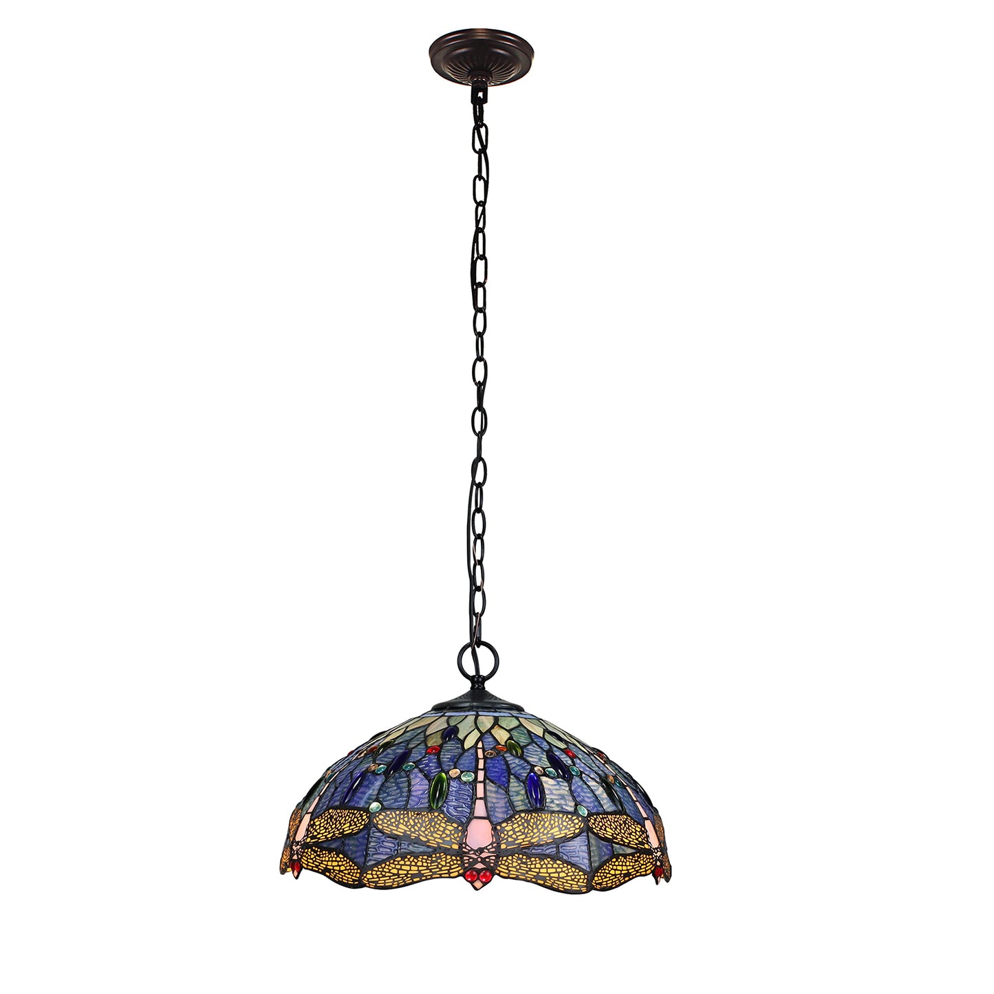 Chloe Lighting Dragonfly Tiffany-Style Ceiling Pendant, 2/3 Light, Dark Bronze, 18in Wide, Multicolor, Model CH3T524BD18-DP3