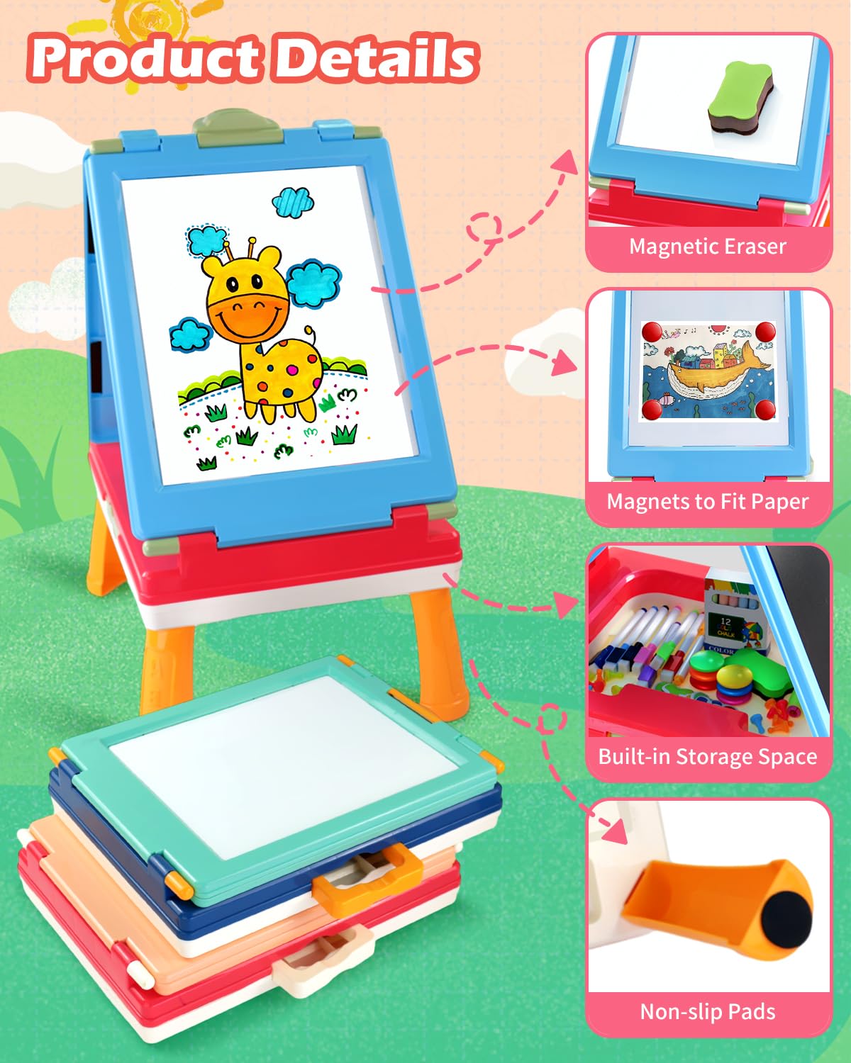 Elovien Foldable Art Easel for Kids, Double Sided with Chalkboard & Magnetic Dry Erase Board, Height Adjustable Desktop Easel, Educational Gift for Girls (Pink)
