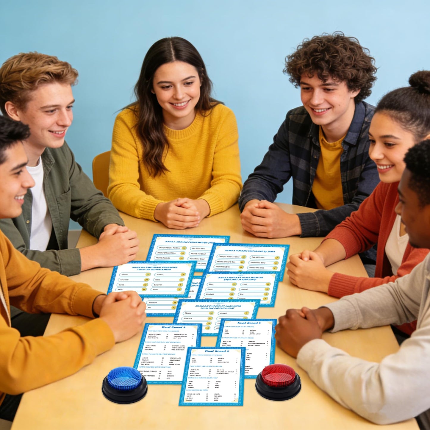 TUSAUW Christian Bible Friendly Feud Game with Answer Buzzers, Religious Feud Card Board Game Night Family Church Group Fun Trivia Quiz for Christmas Easter Party Office Class Team Building