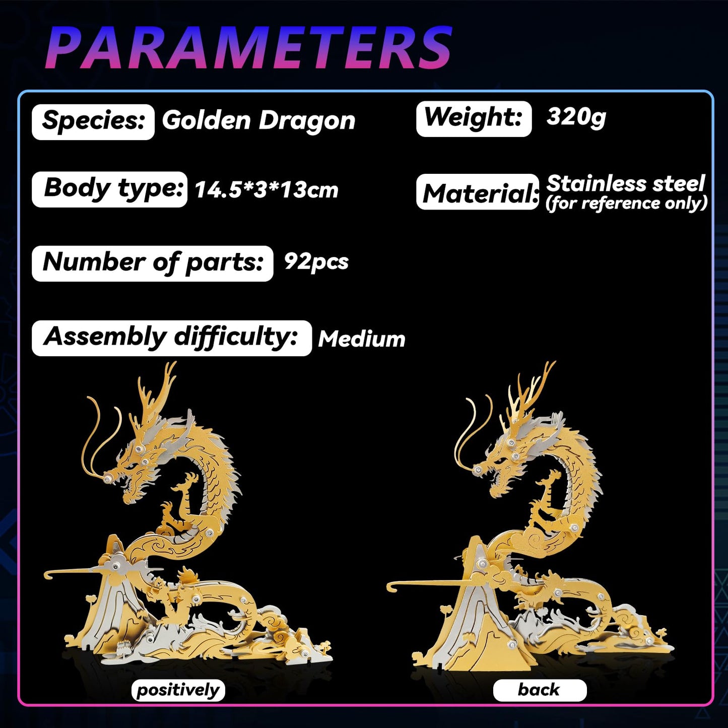 3D Metal Puzzles,3D Metal Puzzle for Adults,Mechanical Model Kit Golden Dragon,Steel 3D Puzzles Stainless Steel Ornaments for Adults Home Decor Art Craft Gifts Toys