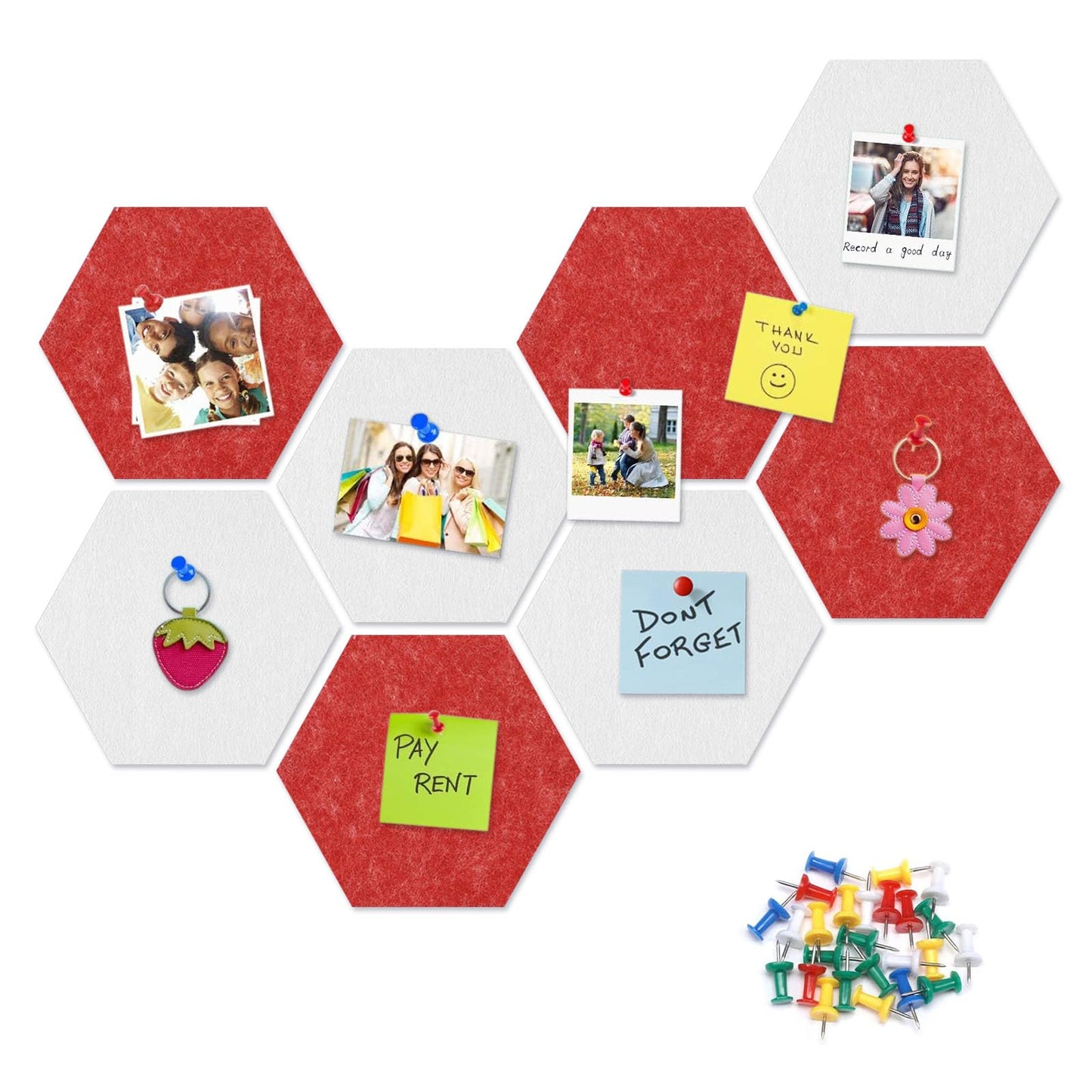 8 Packs White Red Hexagon Felt Pin Board, 12" Bulletin Board with 30 Push Pins, Felt Board for Home Kitchen Office Decor, Self-Adhesive Corkboard Tiles for Walls Message Photos Memos Display