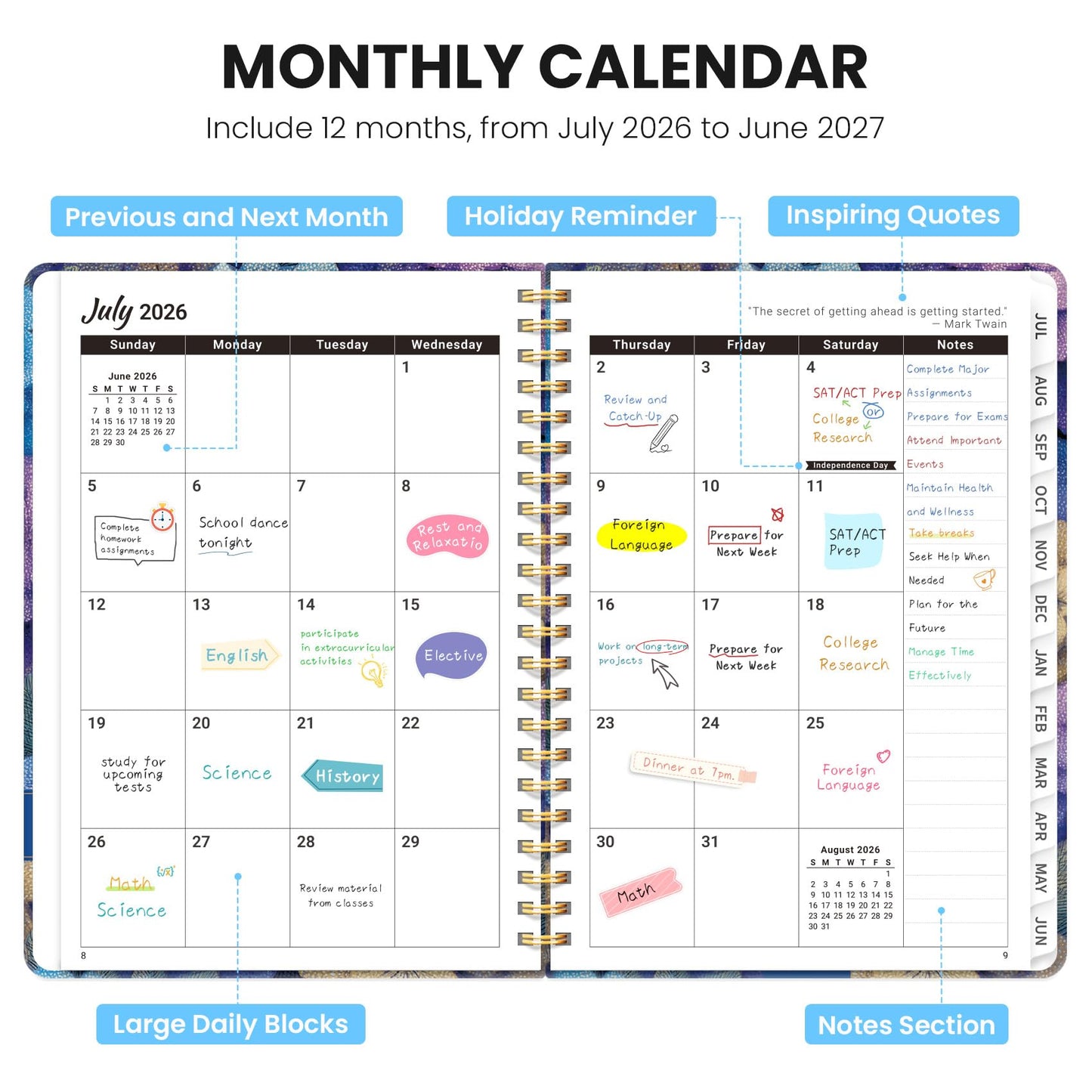 Academic Planner 2026-2027, Monthly and Weekly Calendar Planner, July 2026 - June 2027, Pretty Hardcover Teacher Student Planning Agenda Book with Tabs, Fit for School Office Supplies, 6.3" x 8.5", Hydrangea Hideaway