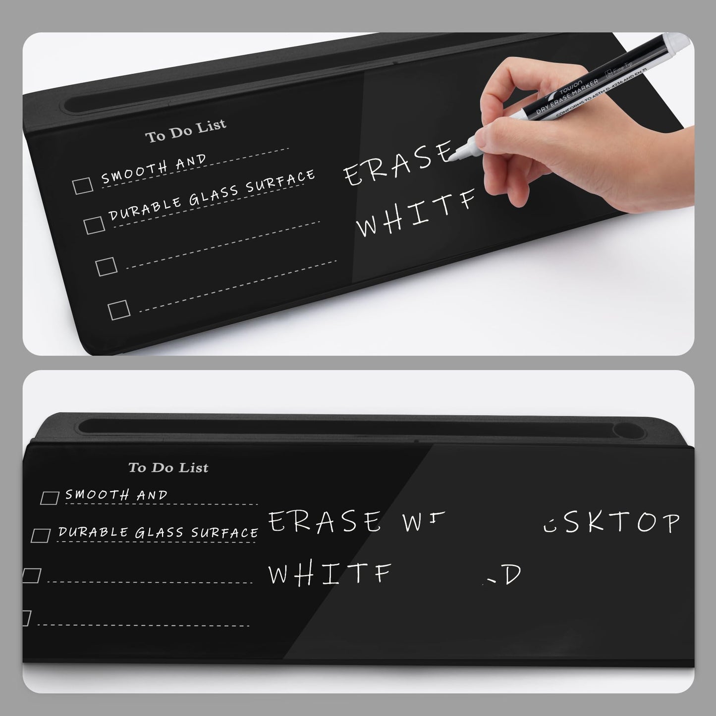 TOWON Black Desktop Whiteboard with todo List Templates, White Board Dry Erase Small for Desk, Glass Reminder Memo Notepad to-do List Dry Erase with Storage, Lined & Free Section, 16x7 Inches