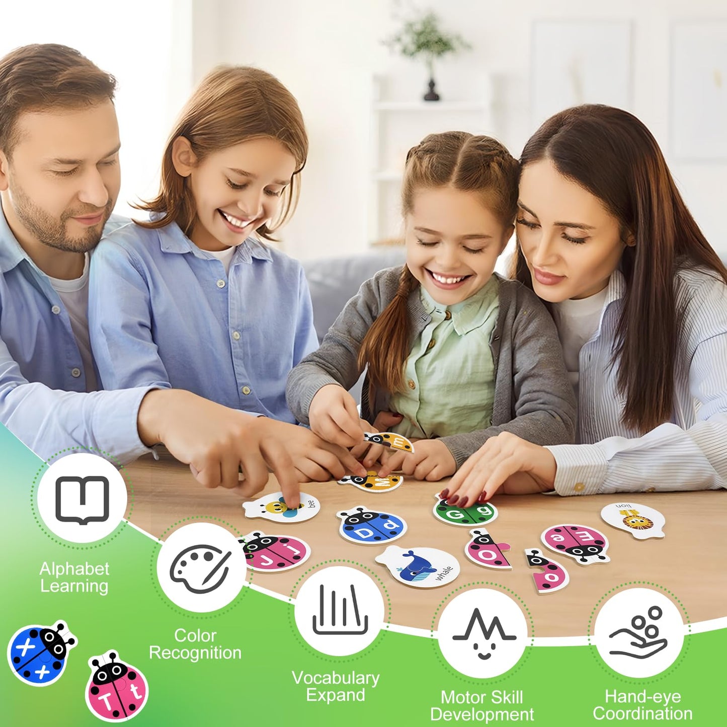 GAKICO Ladybug Self Correcting Alphabet Puzzle: Letter Matching Games for Toddlers 3-5, 52pcs Double-Sided Montessori ABC Puzzles Cards Preschool Learning Activities Educational Toy Gift for Kids