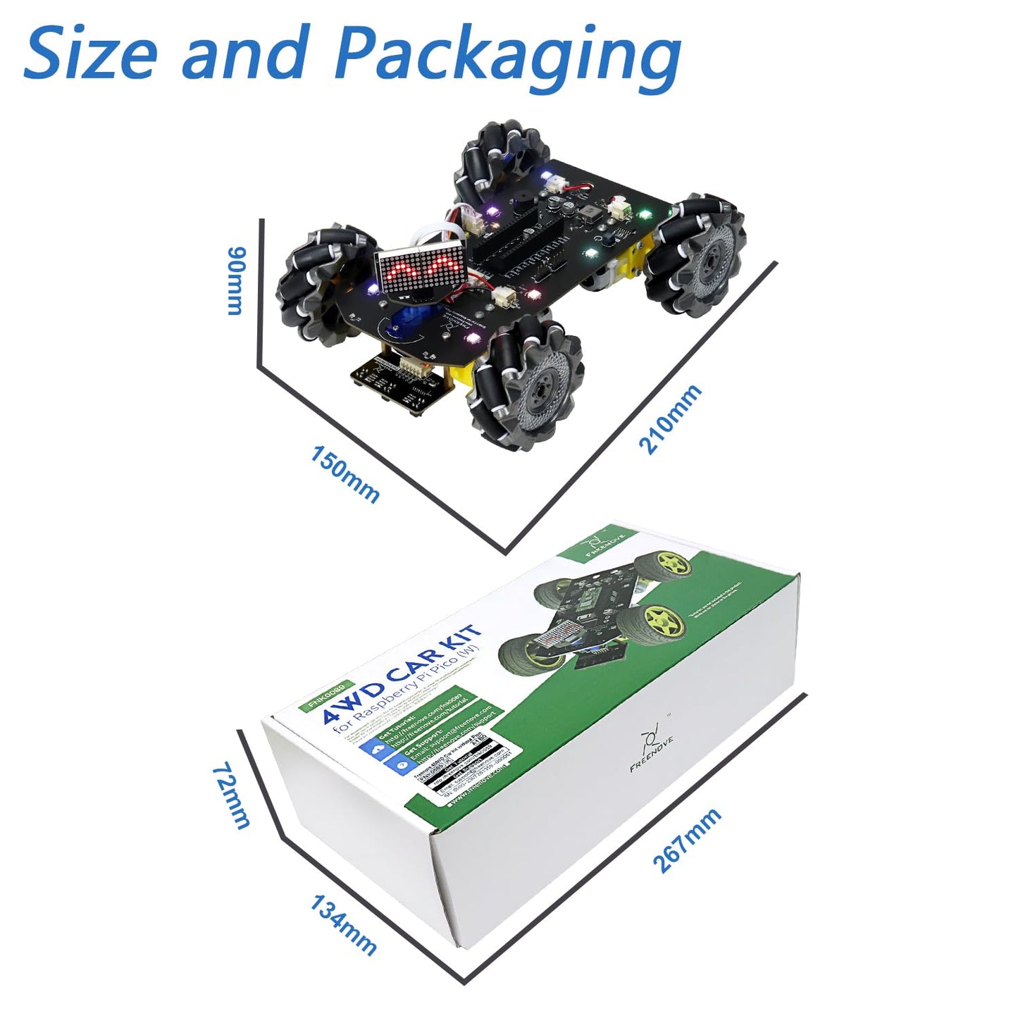 Freenove Mecanum Wheel Car Kit for Raspberry Pi Pico (Not Included) (Compatible with Arduino IDE), Dot Matrix Expressions, Obstacle Avoidance, Line Tracking, Light Tracing, Colorful Light, App