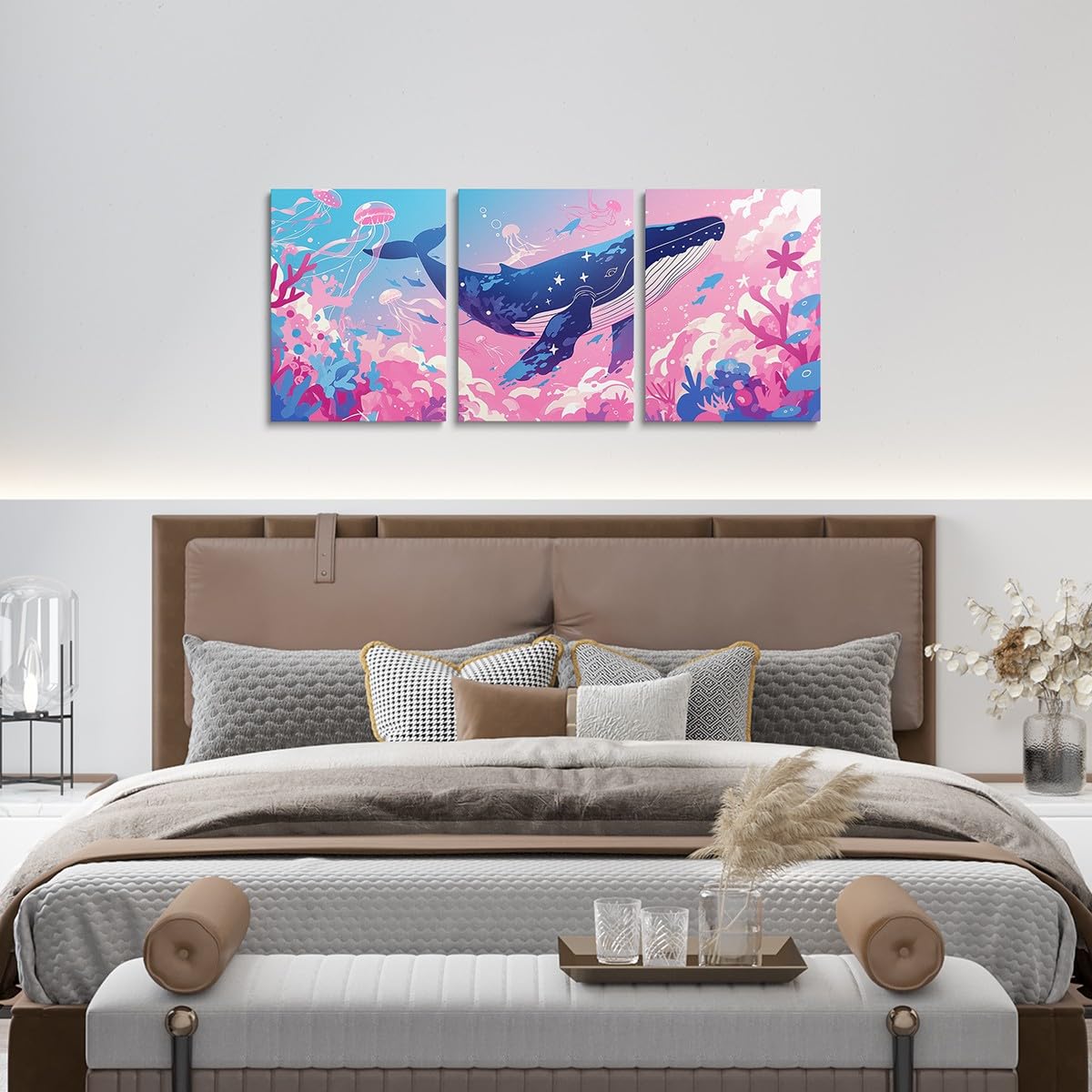 Feelyou Pretty Whale 3 Piece Canvas Wall Art for Living Room Bedroom Pink Blue Ocean Wall Art for Home Decor Jellyfish Office Wall Decor Dreamy Ocean Wall Painting