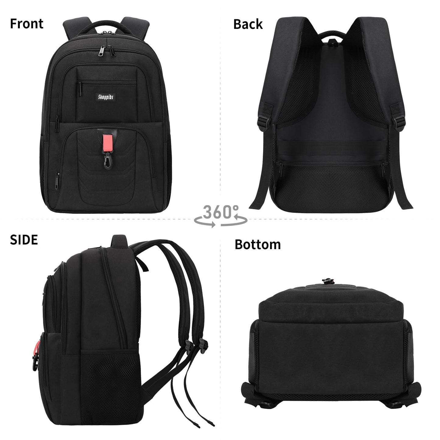 Skaypibs School Backpack for Boys Girls Teens, Black Backpack for Men Women, 17.3 Inch Laptop Backpacks with USB Port, Water Resistent book bag, Work College Bookbag, back pack