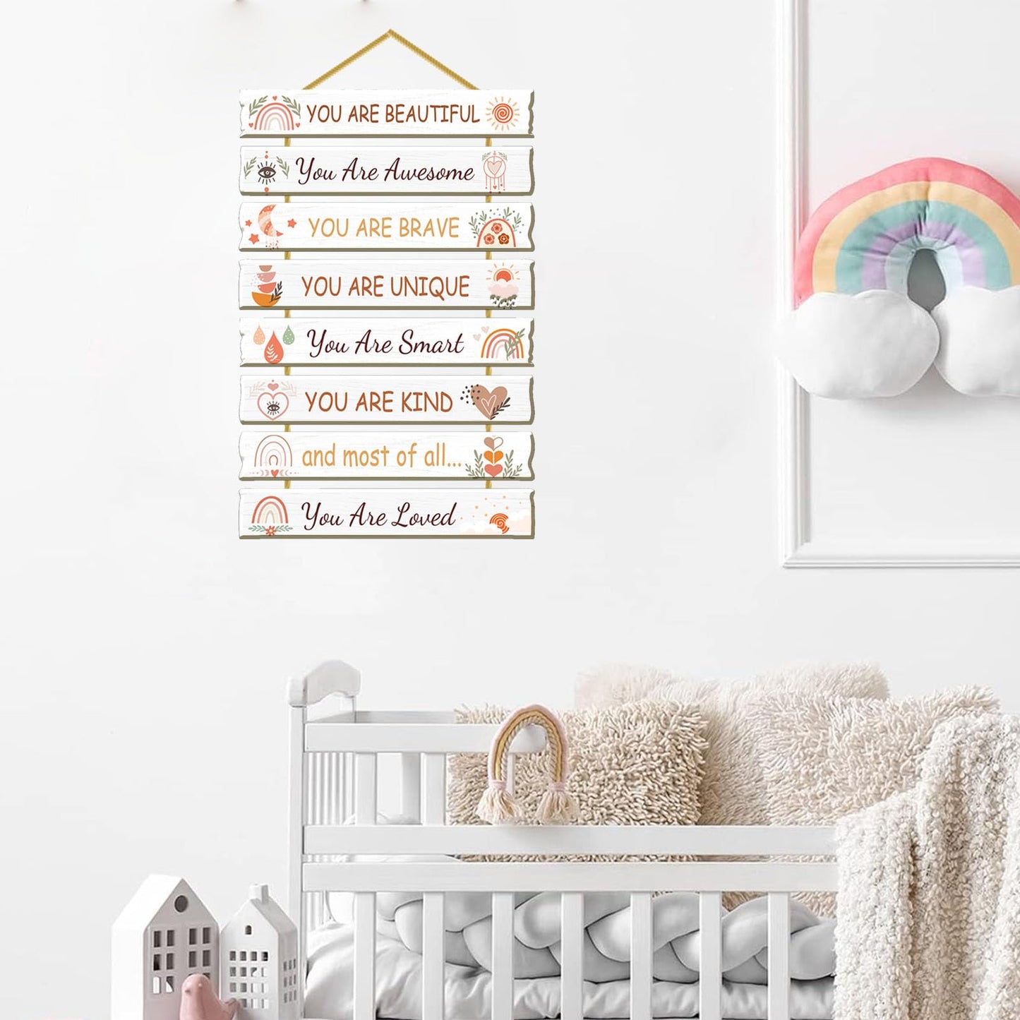 Rutiyoka Boho Wall Art for Girls' Room - Rainbow Inspirational Wood Decor for Kids' Nursery or Toddler Room Sign