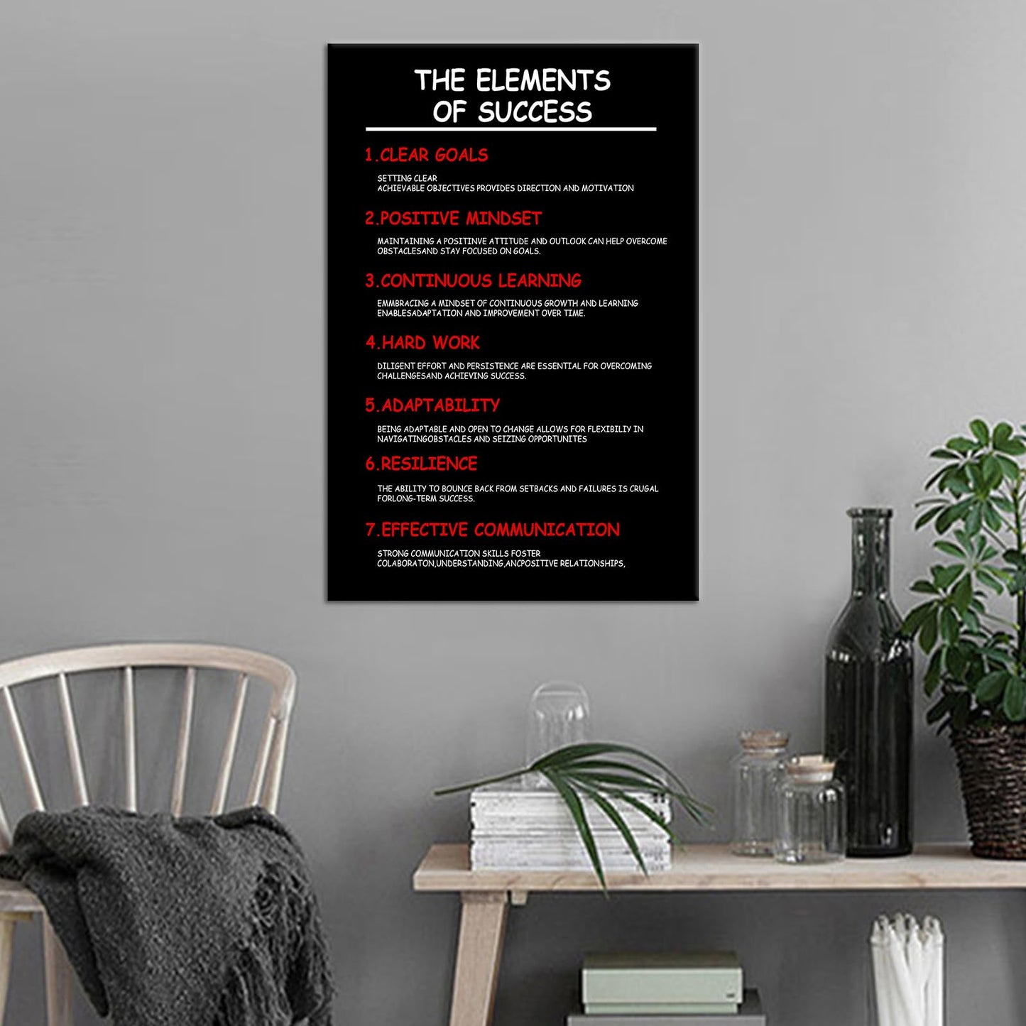 Inspirational Canvas Wall Art The Elements Of Success Poster Print Artwork Motivational Quotes Picture Painting Home Decor for Modern Classroom Workplace Office Stretched and Framed [12''W X 18''H]