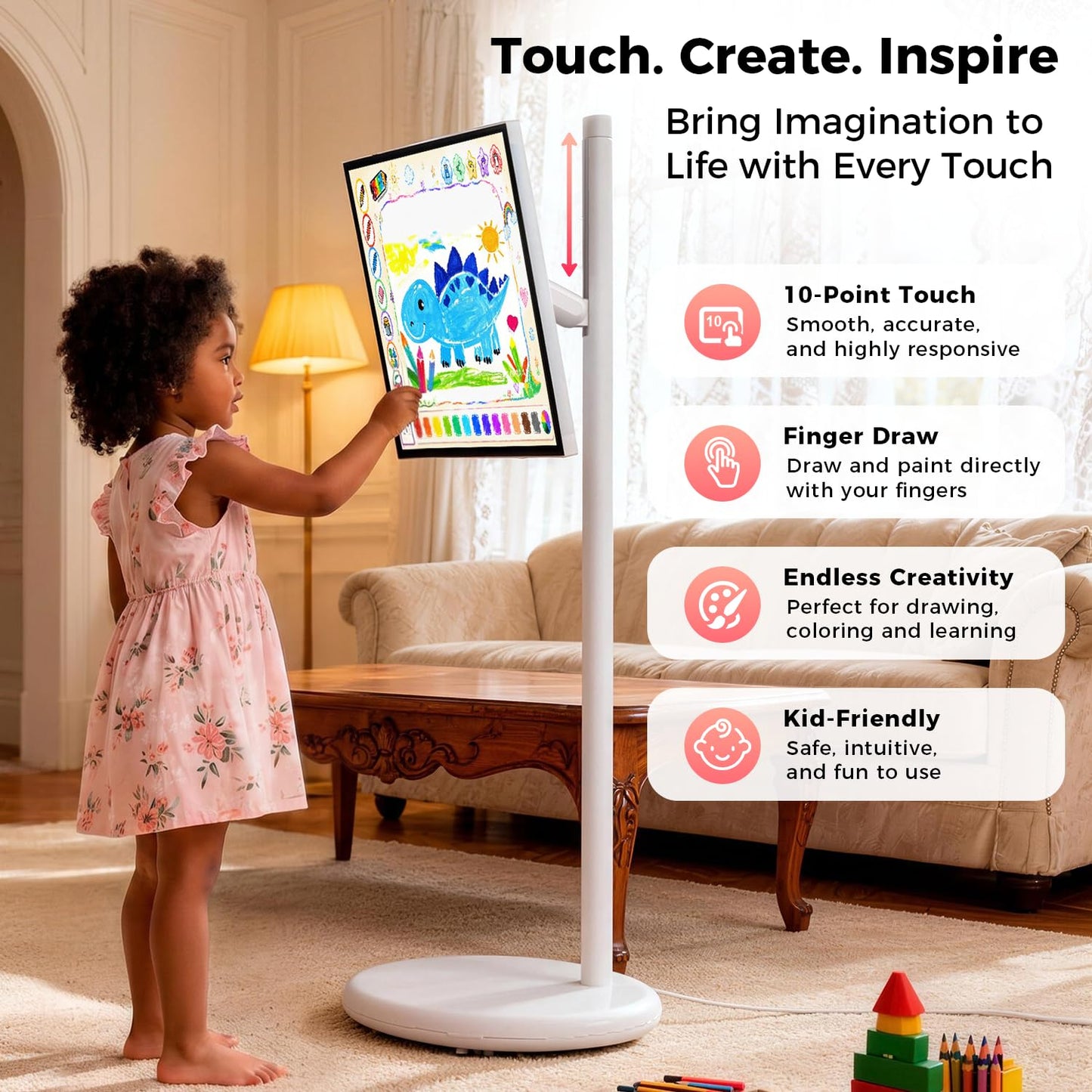27" Portable Smart Touchscreen Tablet TV on Wheels, Android 15 OS Mobile Smart Display with Google EDLA Certification, 6GB+128GB, Built-in Battery, 4K Camera, Wireless Casting, Rotating Rolling Stand