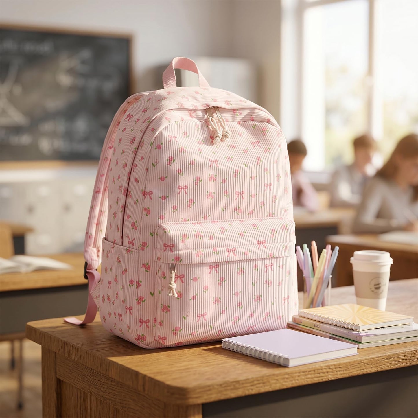 BTOOP School Backpack for Girls Teens Large Corduroy Bookbag Lightweight Casual High School College Backpacks 17 inch Laptop Travel Bag (Pink Bow Floral-1)