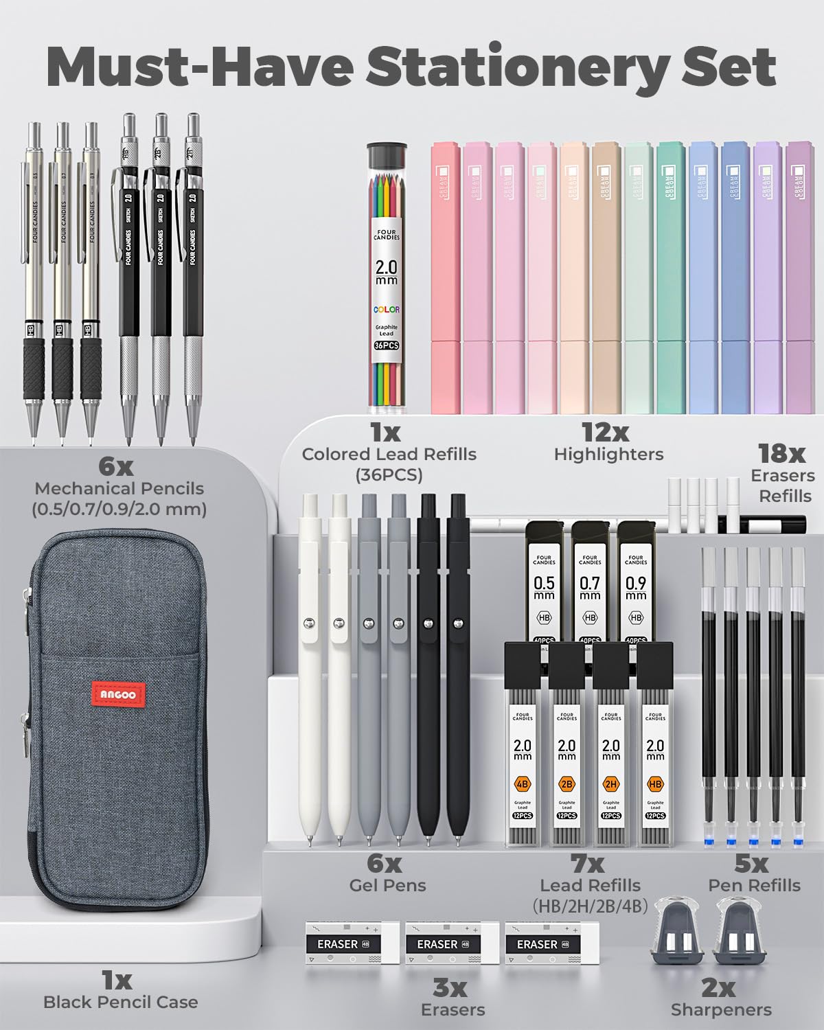 Four Candies 45 PCS Stationery Set with Pen Case, College Supplies and Nursing Student Essentials, 12 Pastel Highlighters, 6 Black Gel Pens, 6 Mechanical Pencils, Black