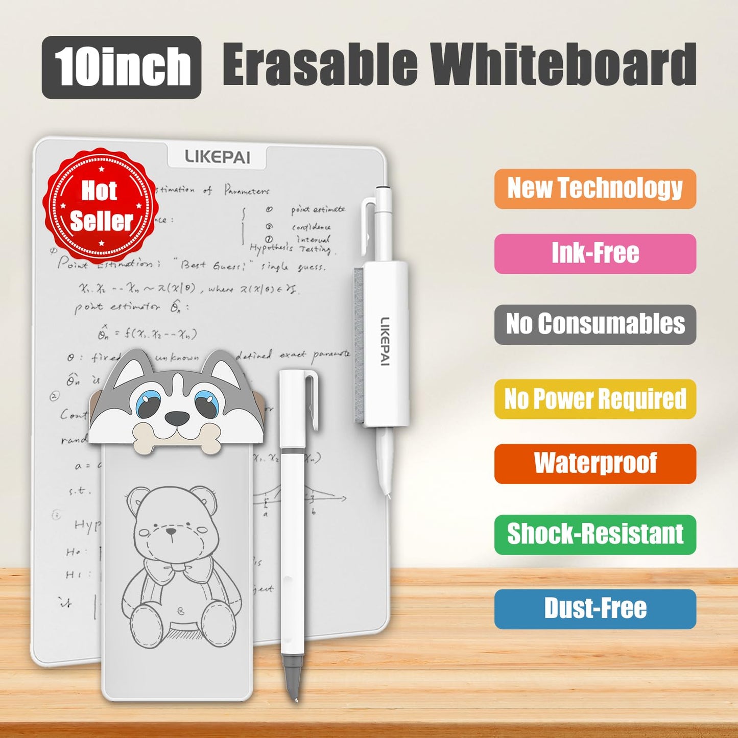 LIKEPAI Dog Cartoon Parent-Child Magic Whiteboard Set 10+5.5 Inch, New Tech Erasable Doodle Board Replace LCD Tablet, Dual-Size Gift for Family Office Interactive Drawing