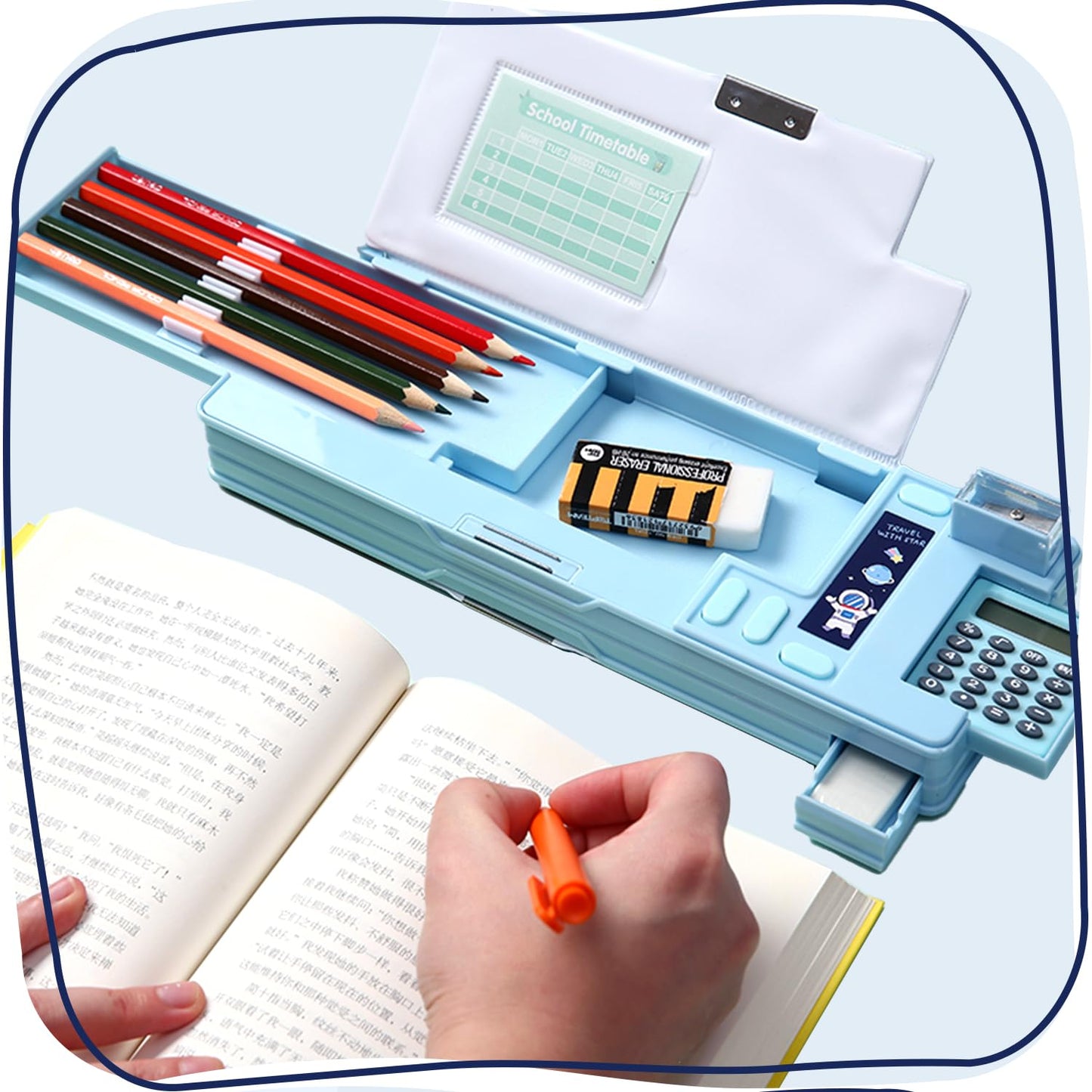 LilyBeauty Multifunction Pencil Case with Calculator, Pencil Sharpener and Curriculum, Multiple Cute Patterns, Suitable for Elementary School Girls, Boys, Great Gifts for Kids (Black)