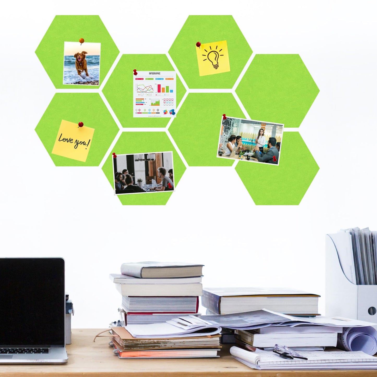 HULAVO Large Hexagon Felt Cork Board Tiles, Self Adhesive DIY Felt Bulletin Board Pin Board with 35 Pushpins for Office School Home Wall Decor Stickers Memos Photos Display(Bright Green)