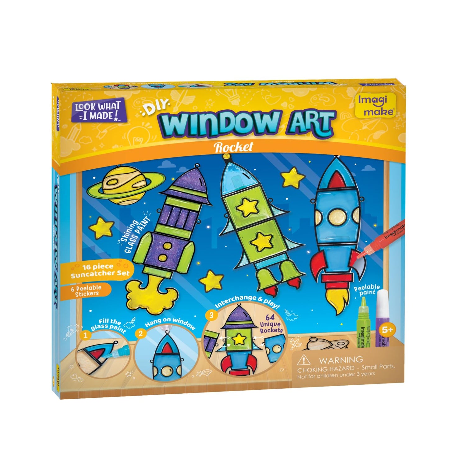 Imagimake Window Art Rocket | Low Mess Suncatcher Kit | 16 Pieces Glass Painting Set | Kids Activities Ages 5-8 | DIY Craft Kit | Birthday Gift for Boys & Girls Ages 5,6,7,8,9,10,12 Years Old