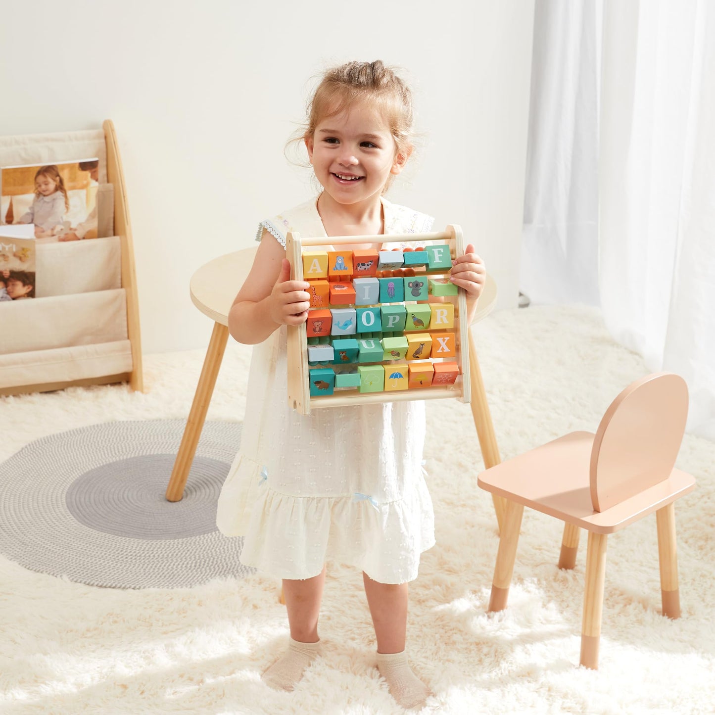 FReniland Wooden Activity Cube - Double-Sided Abacus & Alphabet Flip Tiles for Toddlers 18M+, Educational Counting Toy for Preschool and Homeschool Learning