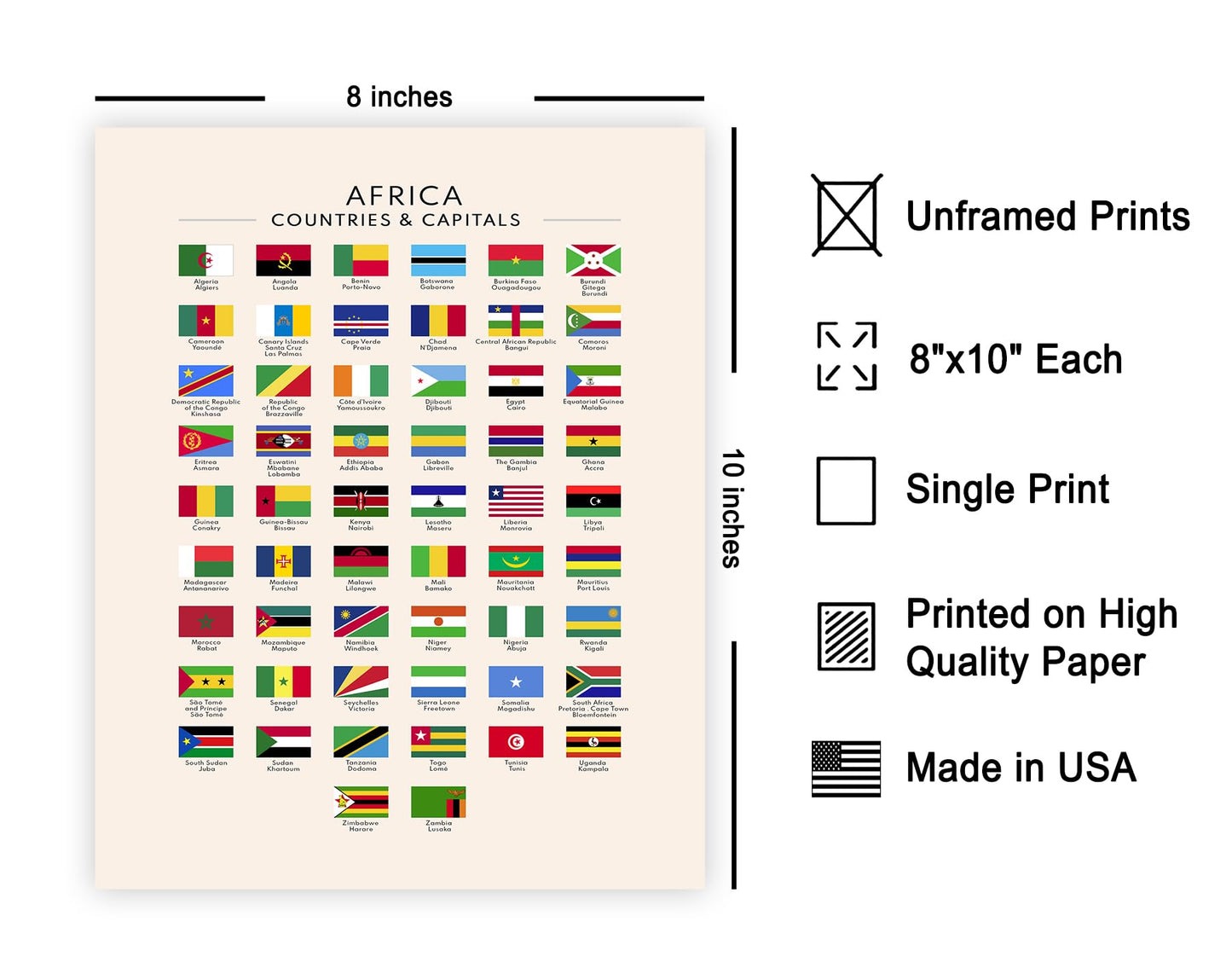 Poster Master Flags of Africa Poster - African Countries & Capitals Print - Learning Materials Art - Flag Art - Gift for Students & Teachers - Decor for Classroom or Library - 8x10 UNFRAMED Wall Art
