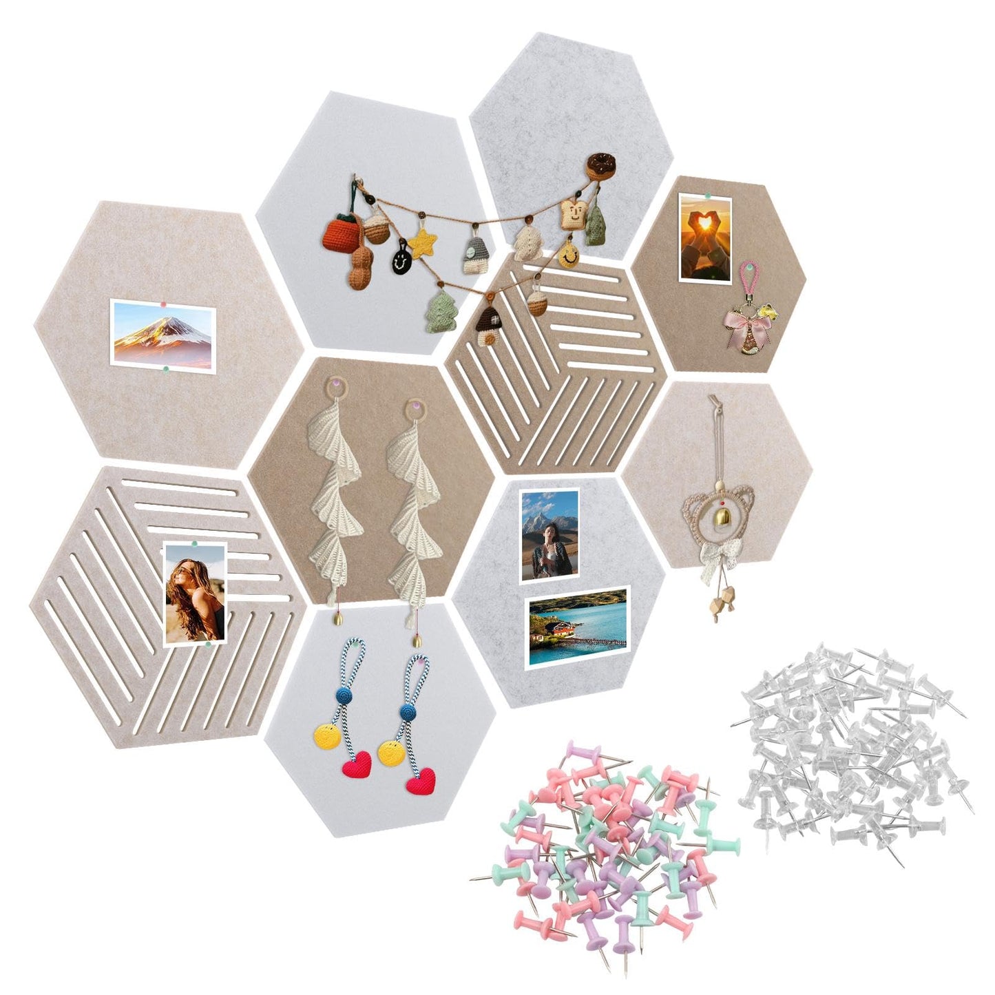 10Pack Hexagon Cork Boards for Walls Decor,Felt Board Tiles with 100 Push Pins,Felt Bulletin Board Tiles for Office & Home for Notes Photos and DIY Classroom Decor