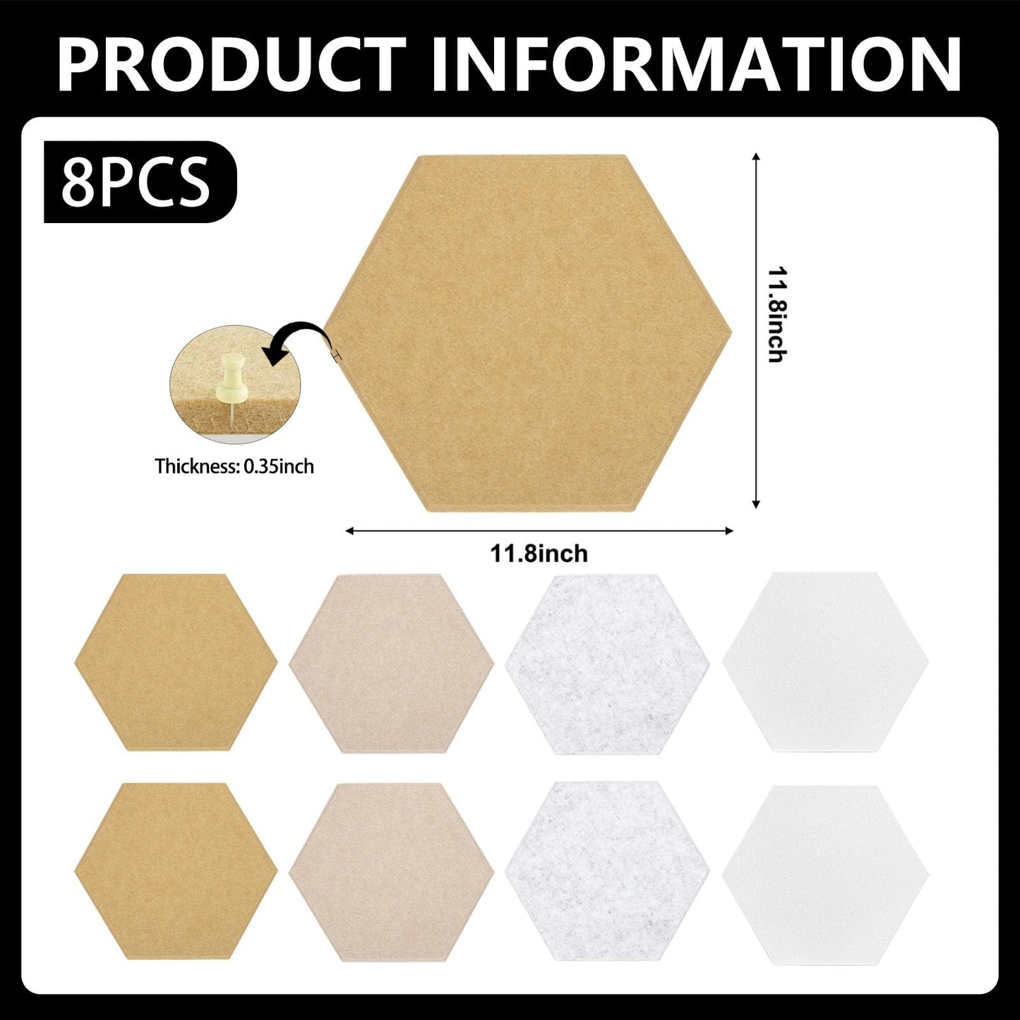 8 Packs White Grey Camel Hexagon Felt Pin Board, 12" Bulletin Board with 30 Push Pins, Felt Board for Home Kitchen Office Decor, Self-Adhesive Corkboard Tiles for Walls Message Photos Memos Display