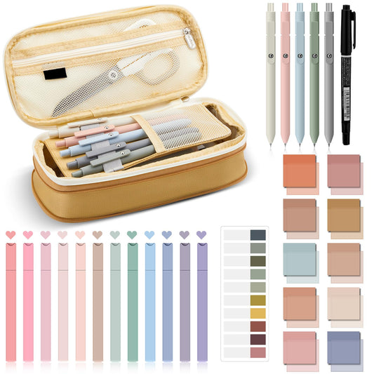 Jutom 39 Pcs Aesthetic Book Annotation Kit Highlighter with Case Bag Gel Pen Transparent Sticky Note Taking Bible Supplies(Khaki,Cute Style)