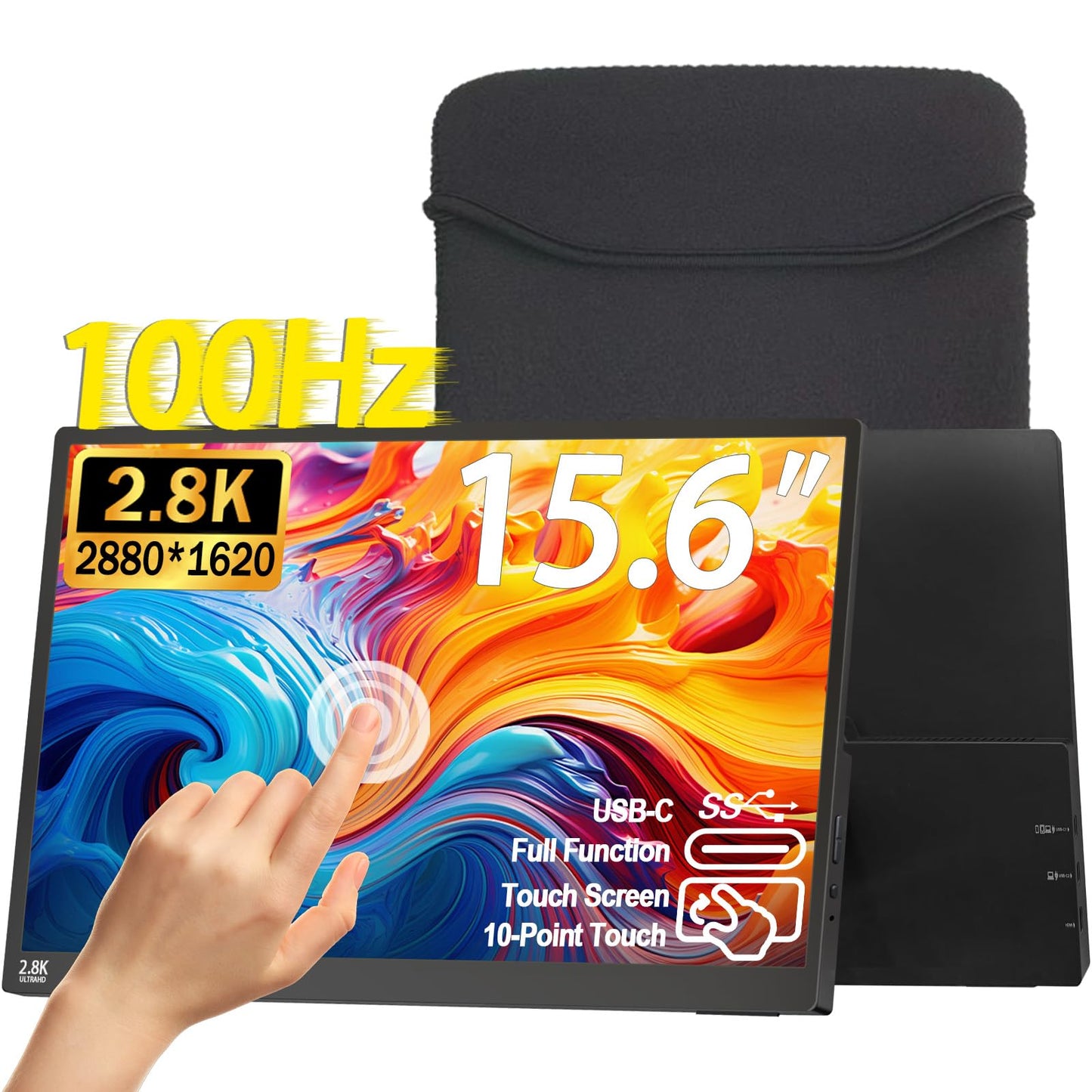 2.5K 100Hz Portable Monitor Touchscreen, 15.6'' QHD 2880x1620 300 Nits 100% sRGB IPS Gaming Monitor w/VESA HDR FreeSync Eye Care USB-C HDMI External Second Screen for Laptop PC Phone Switch PS3/4/5