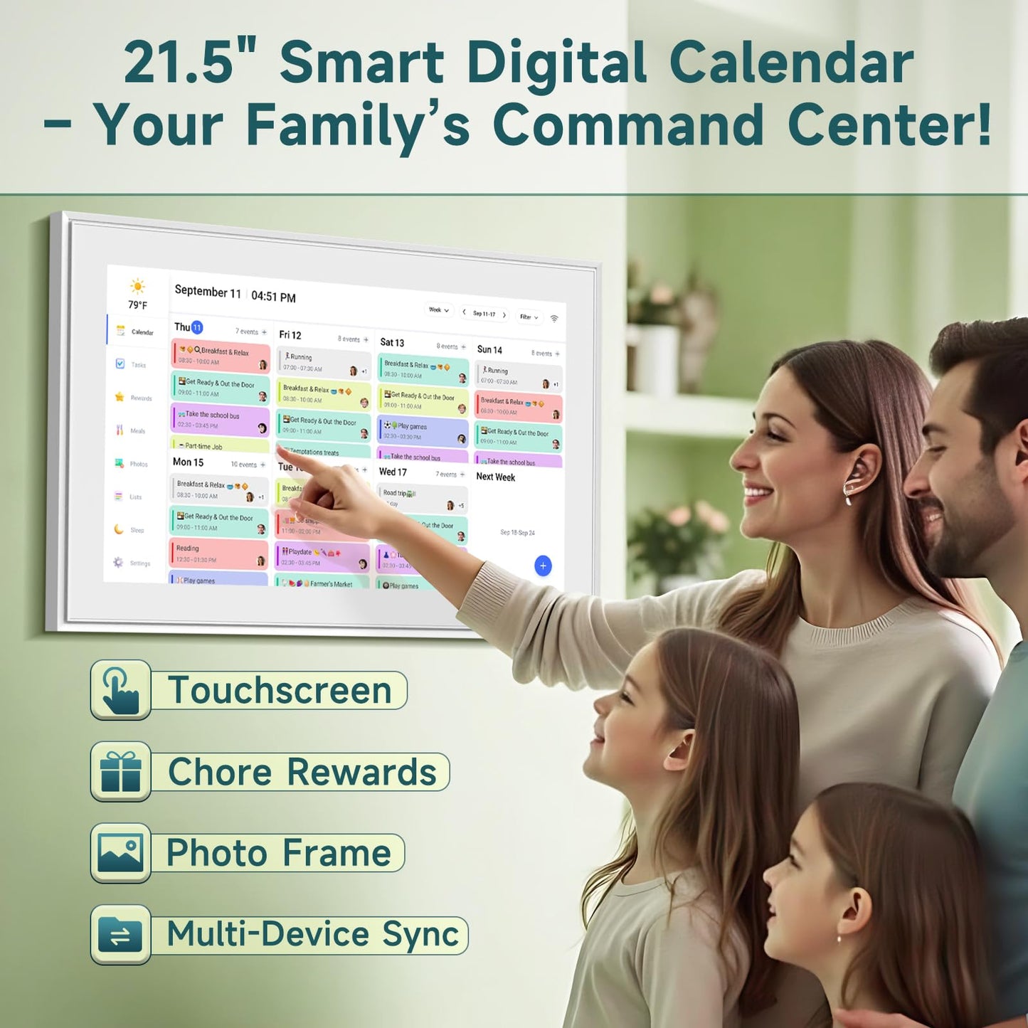 21.5 Inch Digital Wall Calendar – Rewards for Chores! Smart Electronic Family Organizer with Touchscreen, Meal Planner & Photo Frame, Syncs with Google/iCloud, for Wall or Desk, White (New Version)
