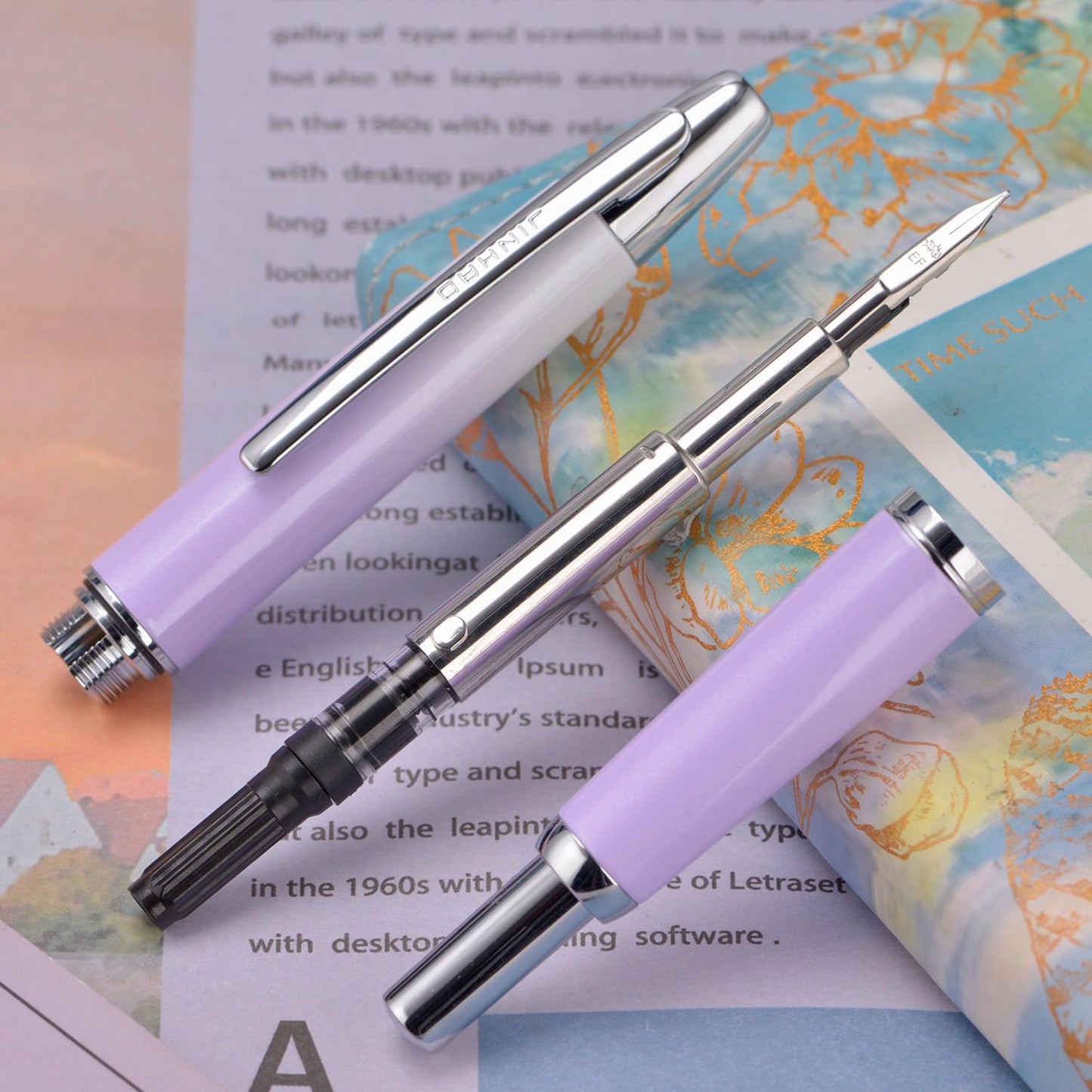 Jinhao 10 Press Fountain Pen with Box, Gradient Light Purple Retractable Extra Fine Nib with Ink Converter Set (Silver Clip)