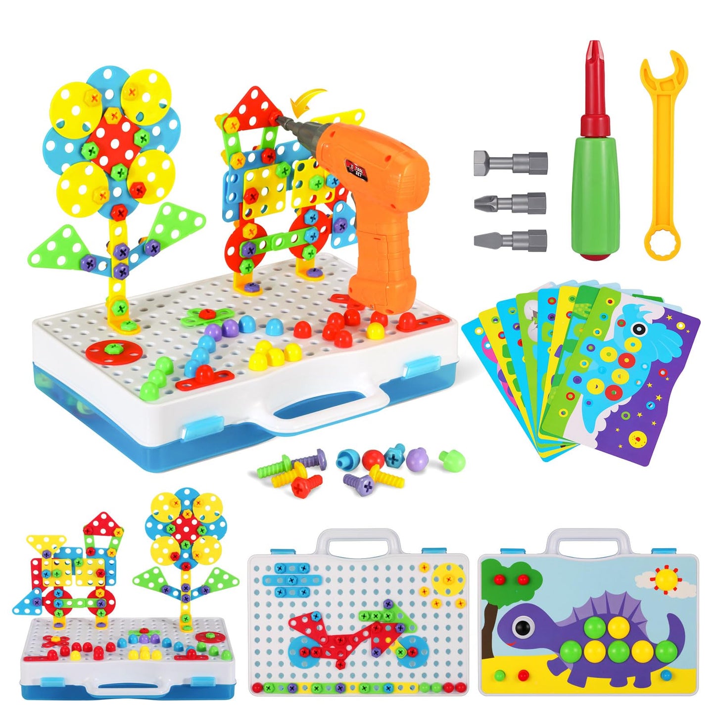 224 PCS STEM Building Toys for Kids Ages 4-8, Creative Mosaic Drill Set with Electric Drill & Screwdriver, 2D/3D Building Blocks Kit, Educational Birthday Gift for 5 6 7 8 9 10 Year Old Boys Girls