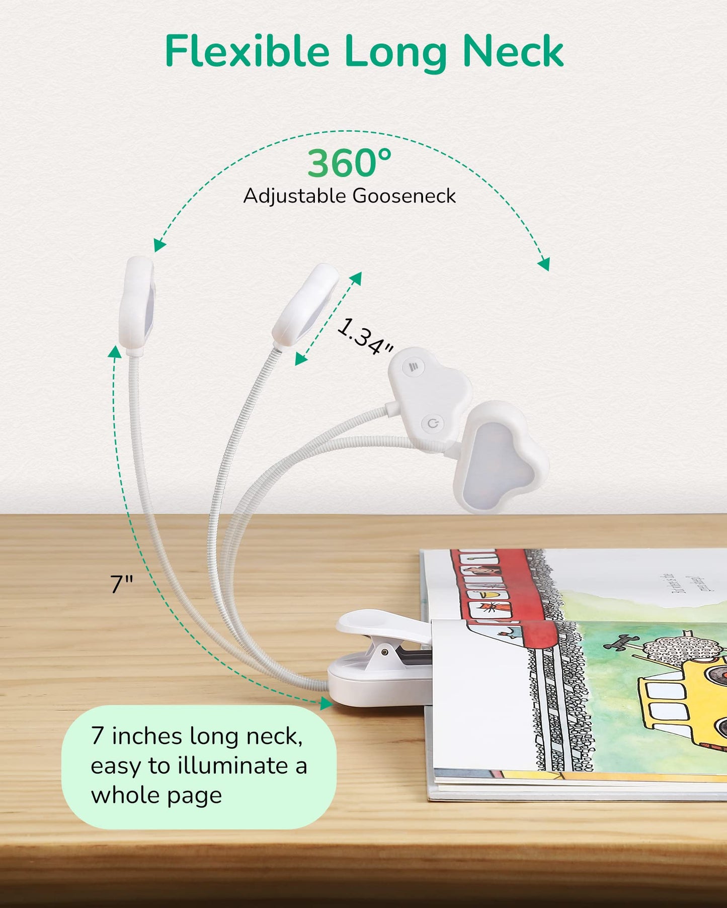 EDISHINE Book Light, USB Rechargeable LED Clip-on Lamp, 3 Color Modes, Stepless Dimmable, White, Model HBRL10A1