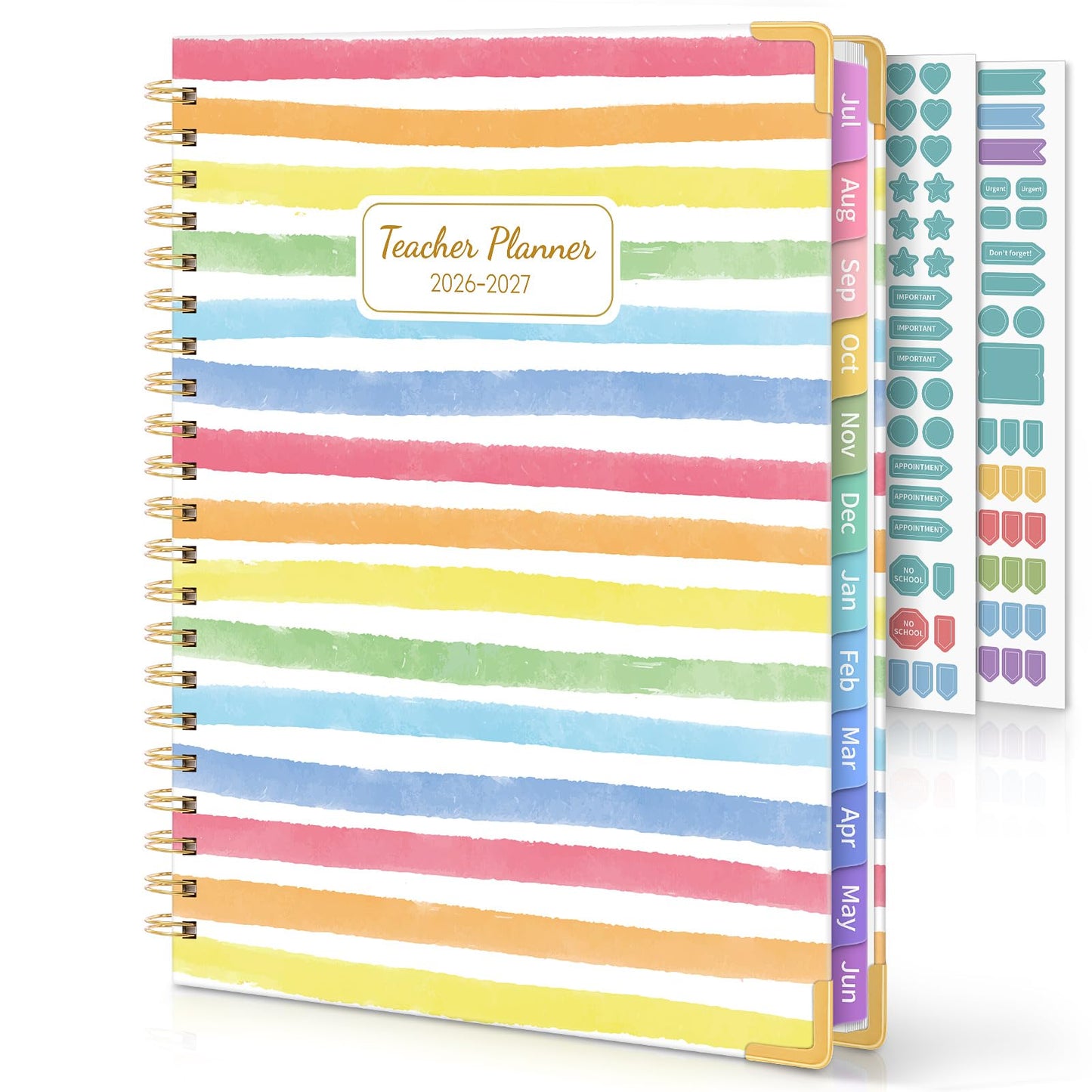 SKYDUE Teacher Planner 2026-2027 Academic Year, 8.5" x 11" Deluxe Teacher Lesson Planner with Monthly Tabs & Stickers, Lesson Plan Book 26-27, Rainbow