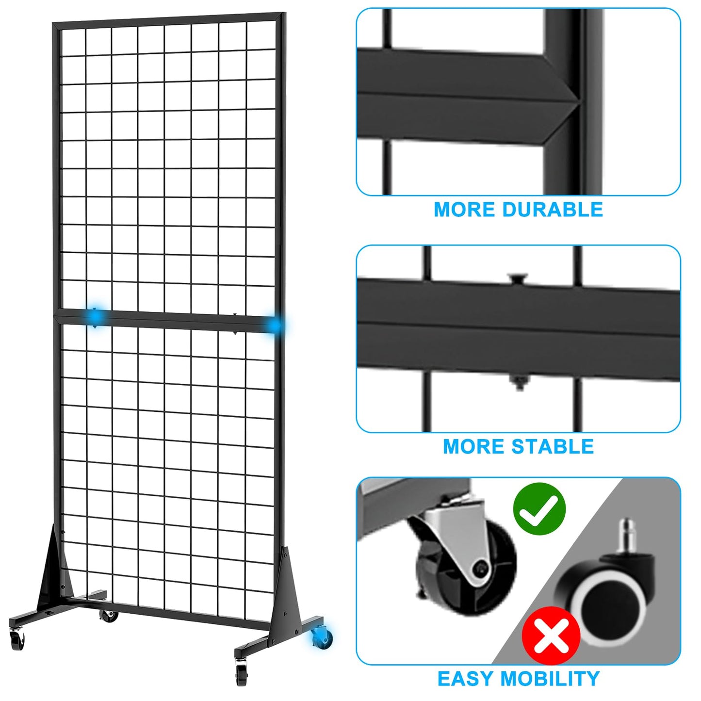 QKOSMTL 4-Pack Gridwall Panel Display Stand, 2'x5.5' Heavy Duty Floor Standing Rack with Detachable Girdwall, Movable Silent Wheel, Easy to Transport, Ideal for Retail & Craft Fairs