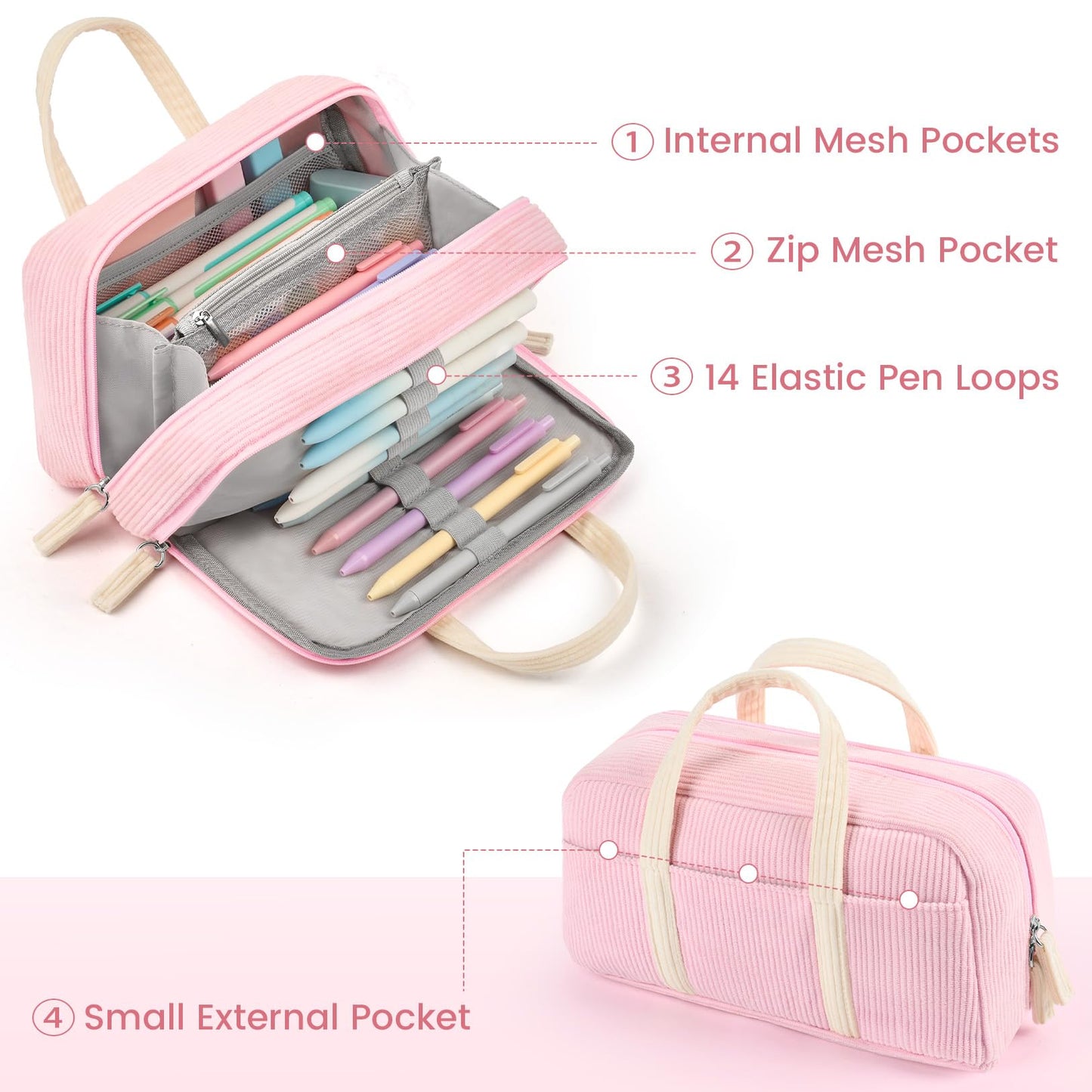 Sooez Large Pencil Case Pouch, Extra Big Pencil Bag with 5 Compartments, Pen Case Wide Opening, Soft Corduroy Pen Bag Organizer with Zipper, Cute Aesthetic School Supplies for Teen Girls, Pink