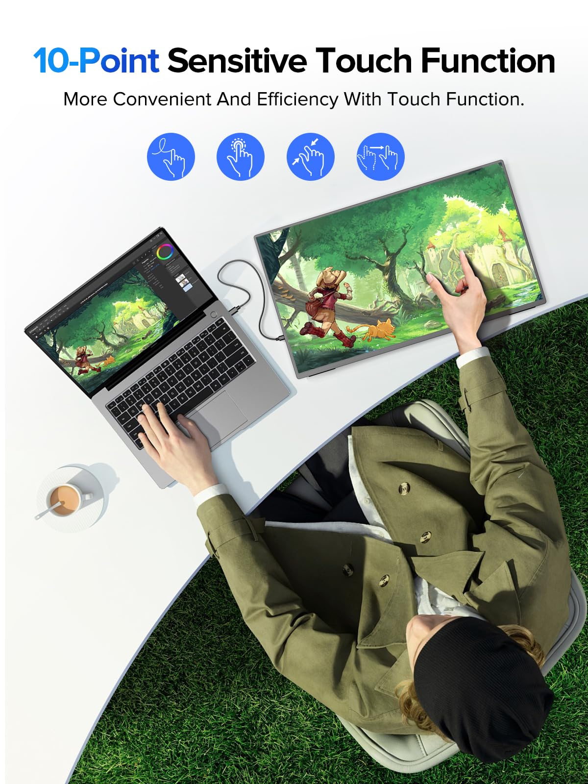 UPERFECT QLED Portable Monitor Touchscreen 24.5'' 165Hz Gaming Monitor 2K 125% sRGB 2000:1, FreeSync 0.1ms, Built-in 180° Adjustable Stand/VESA, USB-C HDMI Second Screen for Laptop PC Game Console