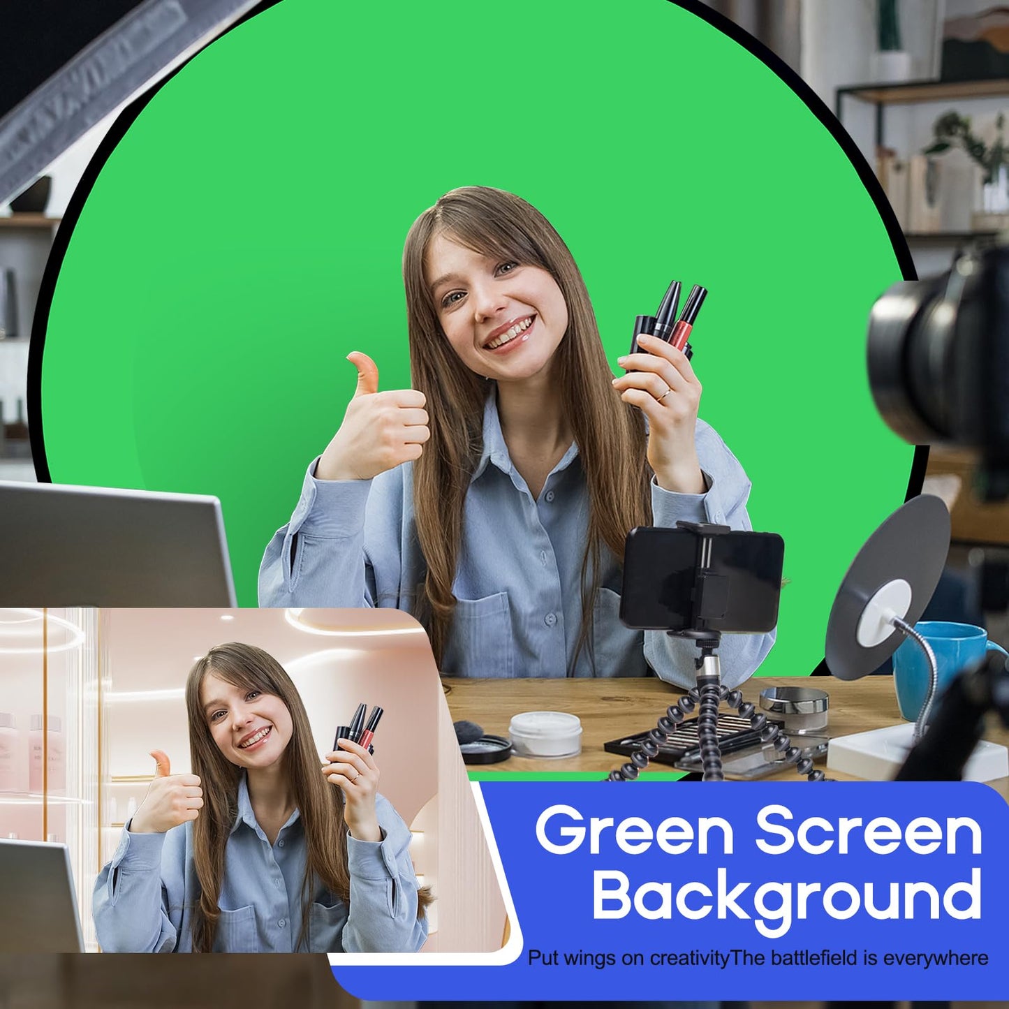 Portable Blue Green Screen Chair, 57 in Greenscreen Backdrop with Stand 2-in-1Double Sided Foldable Green Background, for Video Chats and Meetings, Photography, Photo Zoom, Streaming Games