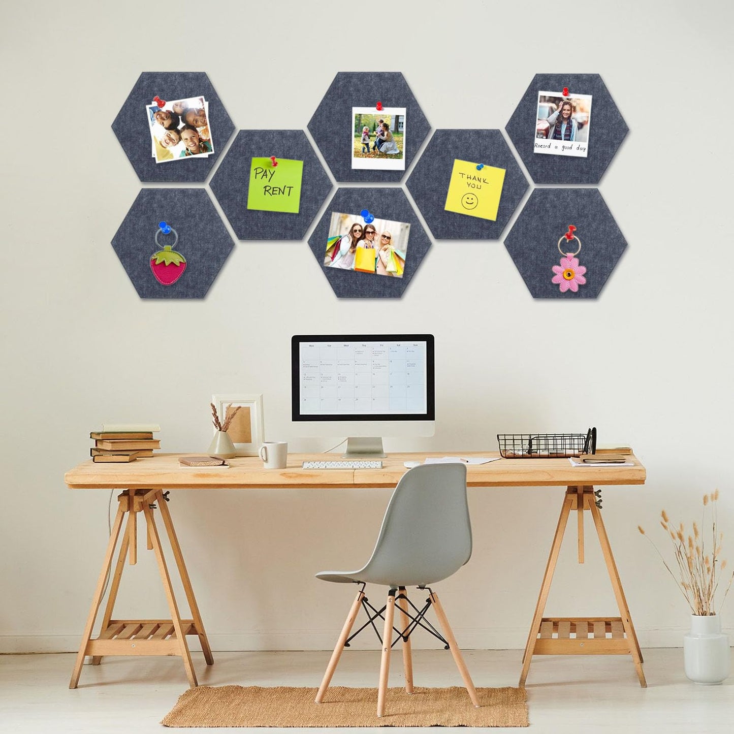 8 Packs Dark Grey Hexagon Felt Pin Board, 12" Bulletin Board with 30 Push Pins, Felt Board for Home Kitchen Office Decor, Self-Adhesive Corkboard Tiles for Walls Message Photos Memos Display