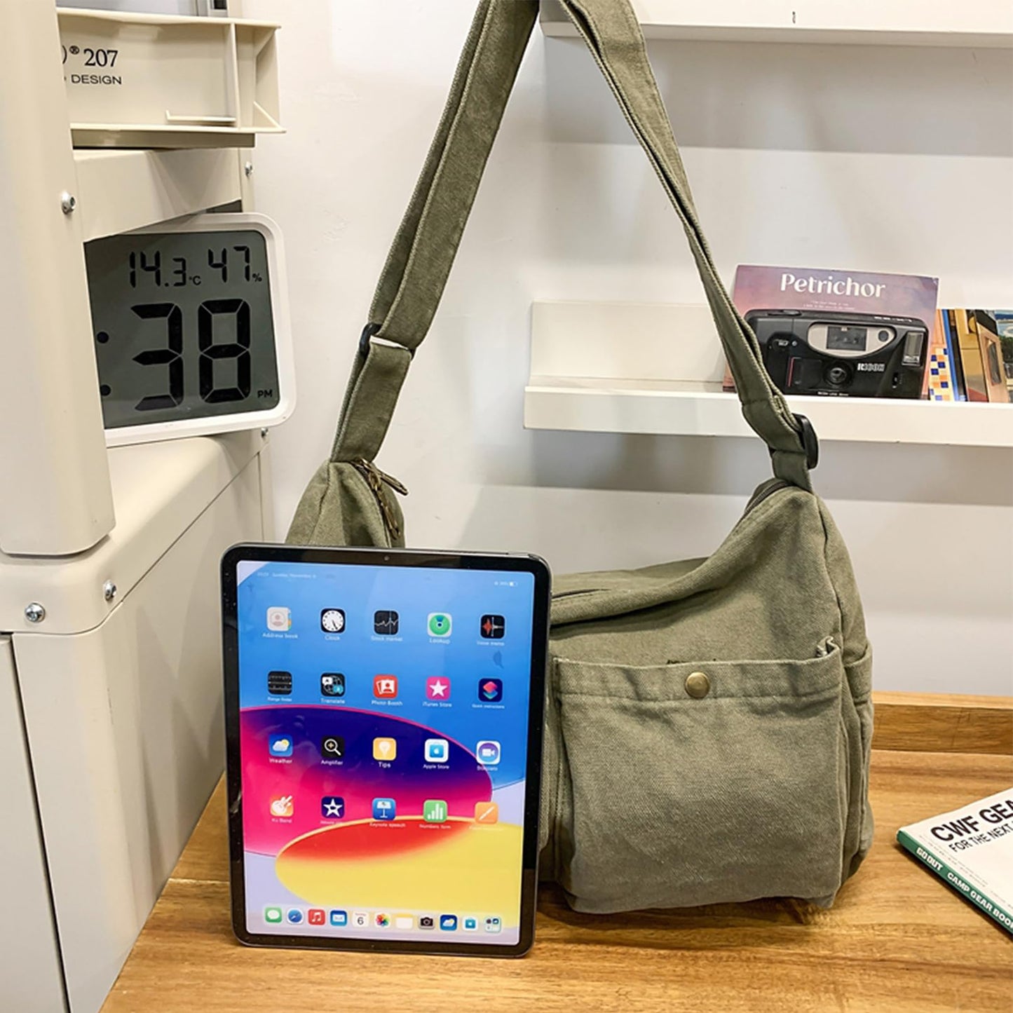 KBTYE Canvas Messenger Bag Cute Crossbody Tote Bag Shoulder for Women Men for School Aesthetic Hobo with Multiple Pockets(Green)